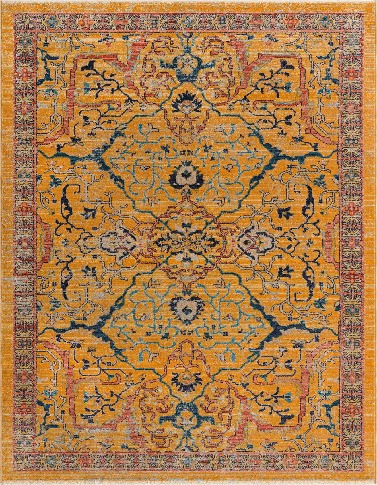 A 6x9 rectangular Lola collection rug featuring a distressed traditional tribal pattern in shades of yellow, gold, blue, and red.
