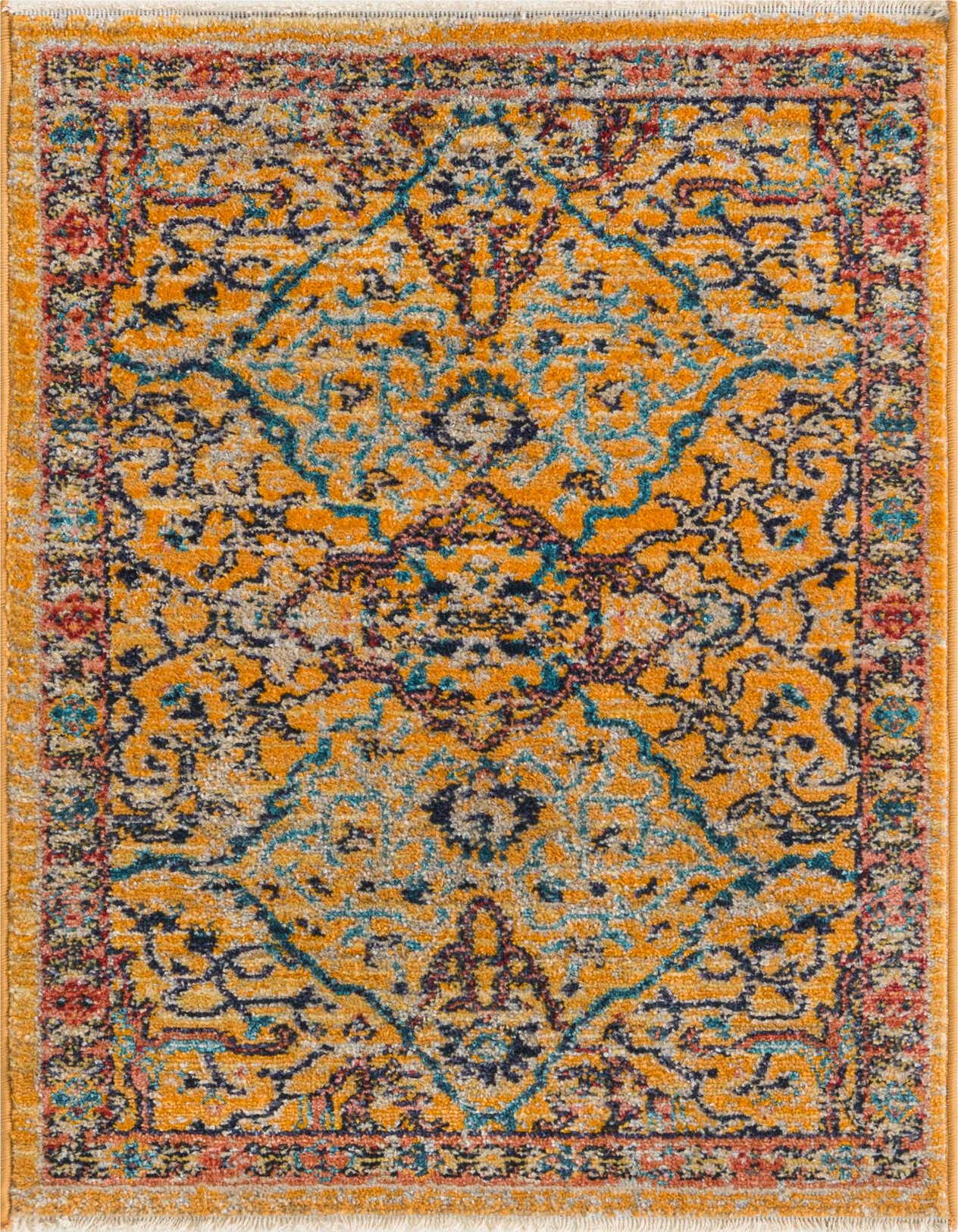 A 2x3 rectangular Lola collection rug by Rugs.com, featuring a distressed traditional tribal pattern in yellows, golds, blues, and reds.