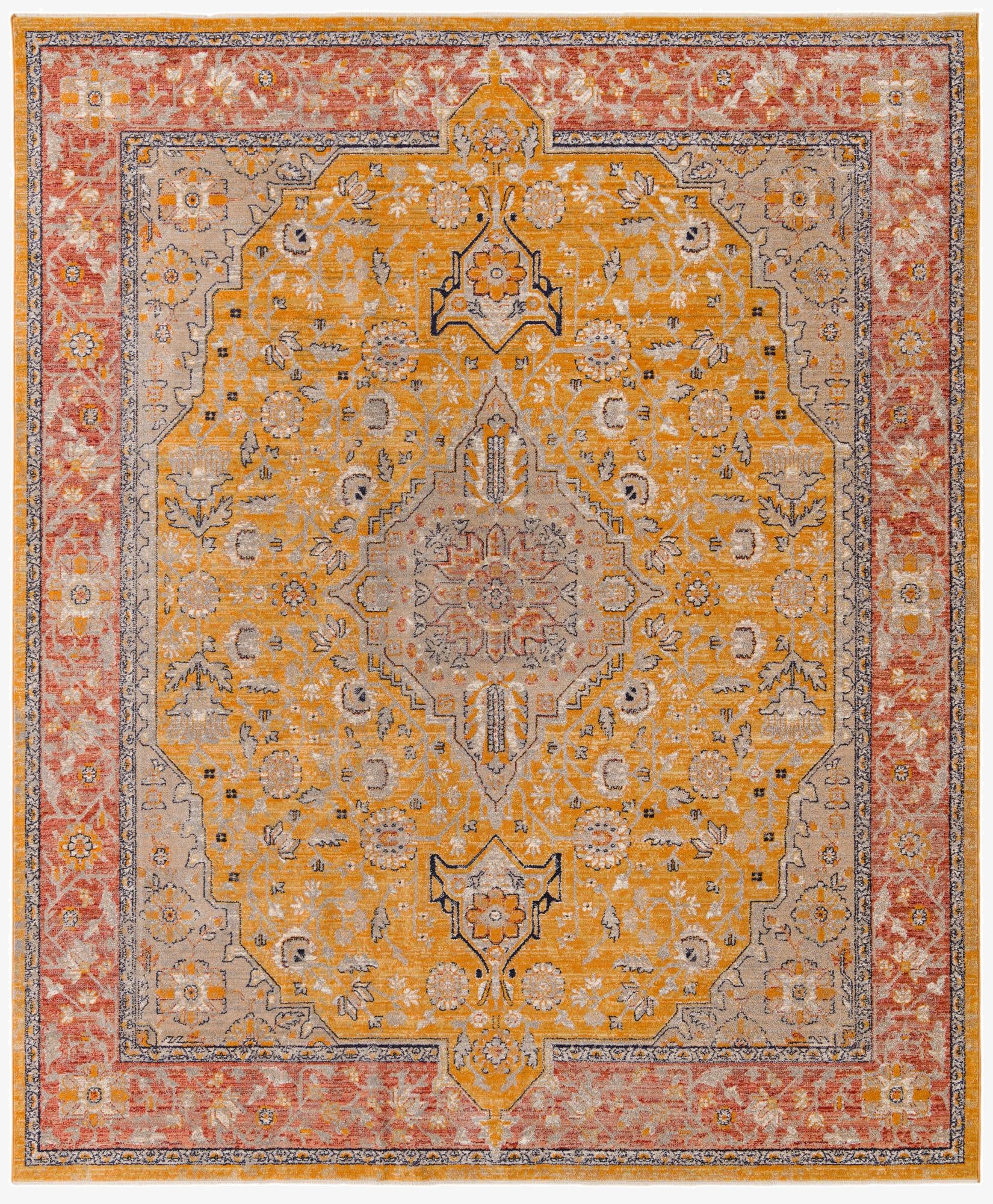 A 10x12 rectangular Lola Collection rug with a golden-yellow field, gray medallion, and rust-red traditional border.