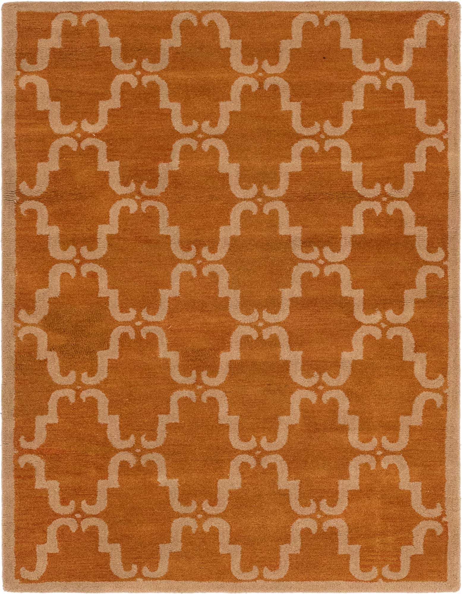 A 5x8 rectangular yellow and gold tribal wool rug with a repeating modern geometric pattern and border.