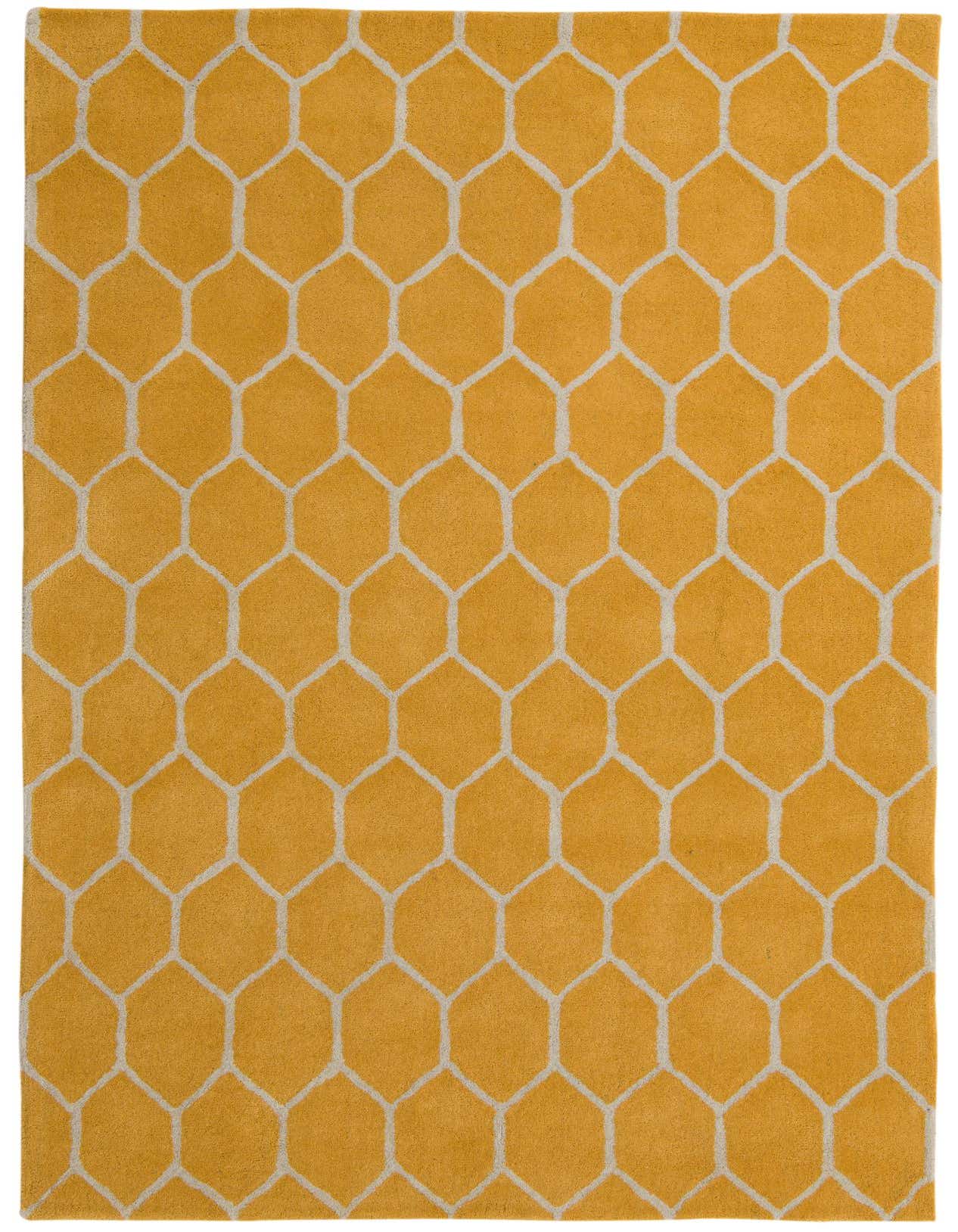 A 5x8 rectangular yellow and gold modern area rug with a repeating honeycomb pattern, suitable for a living room.