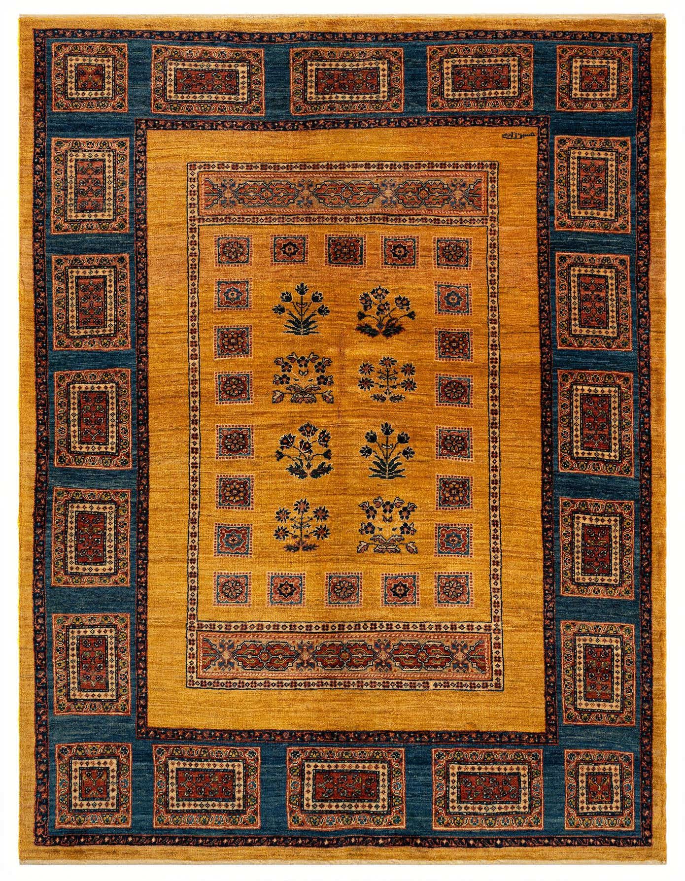 A 5x8 rectangular Persian rug with a golden yellow field and a wide teal border featuring intricate red and blue medallion patterns.
