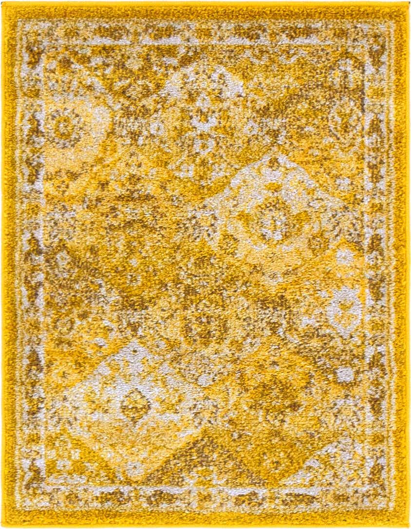 A 2x3 rectangular Madeline rug in various shades of yellow and gold with a distressed bohemian trellis pattern.