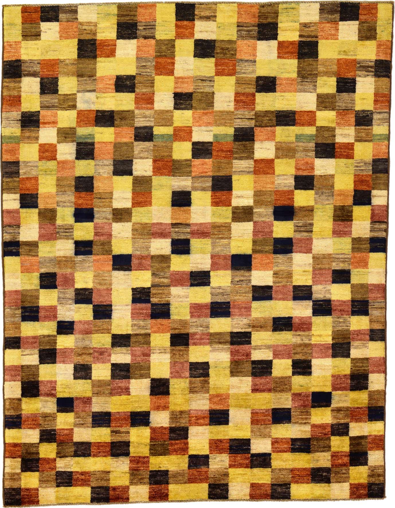 A 4x6 rectangular Modern Ziegler rug featuring a vibrant checkerboard pattern in various shades of yellow, gold, brown, and dark blue.