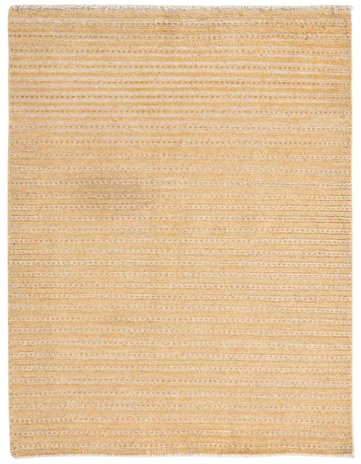 A 3x5 rectangular Modern Ziegler rug featuring horizontal stripes in varying shades of yellow and gold, made from hand-spun wool.