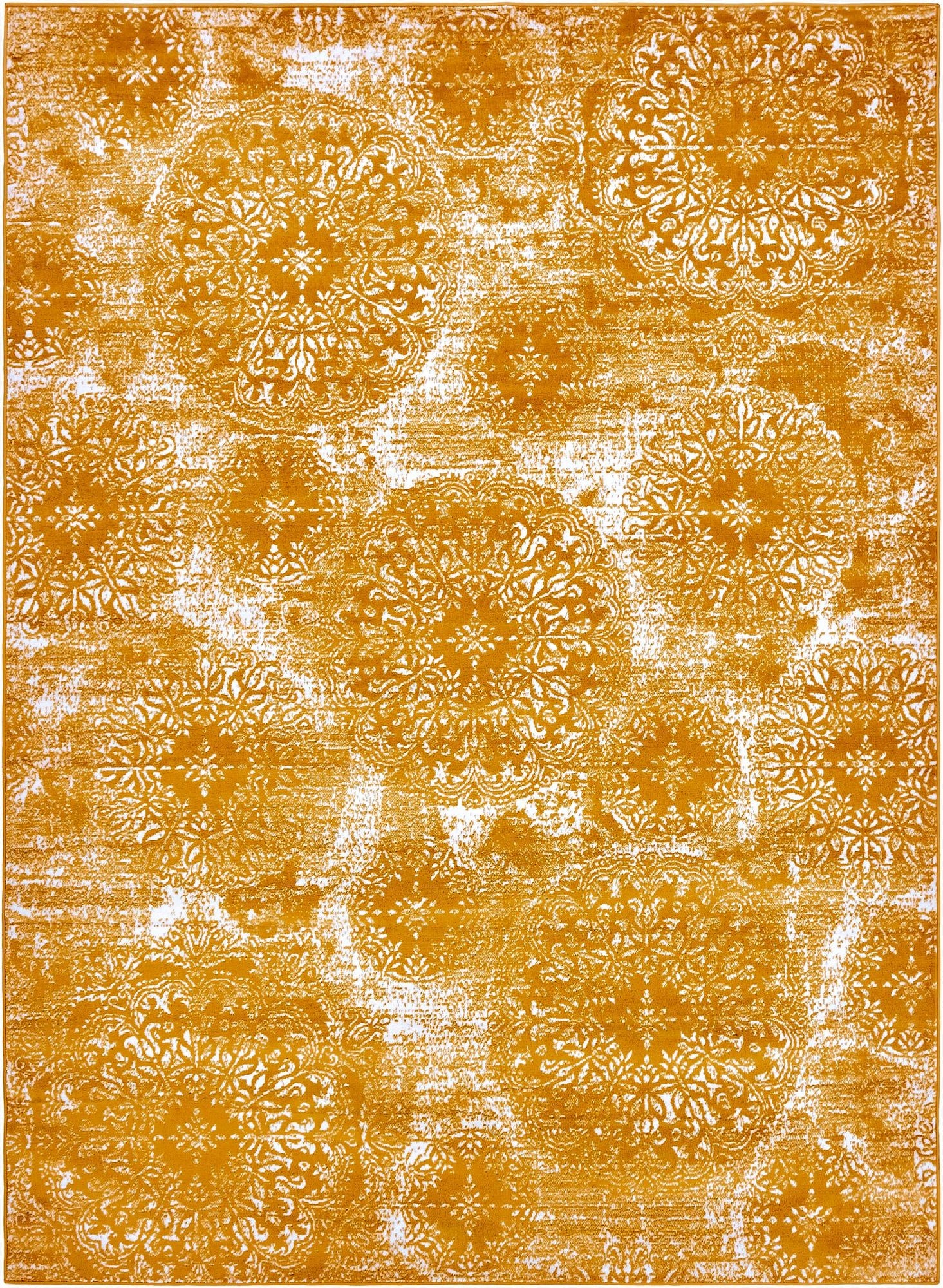 A large 8x11 rectangular indoor area rug featuring a distressed gold and white floral medallion pattern.