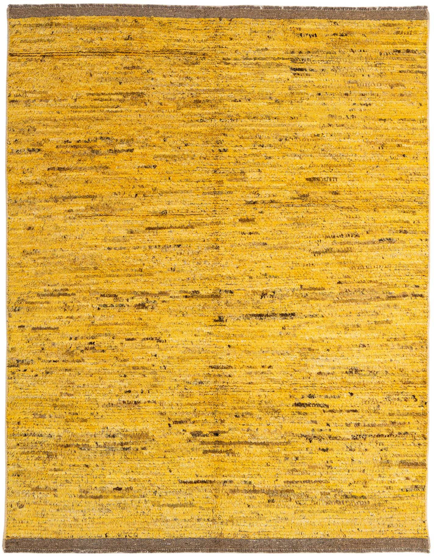 A 5x8 rectangular Moroccan wool rug in vibrant yellow with subtle horizontal brown tribal patterns and a dark brown border.