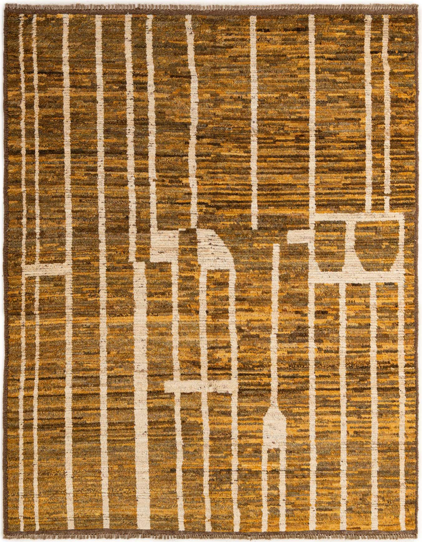 A 5x8 rectangular yellow and brown tribal wool rug with thick cream vertical stripes and abstract shapes.