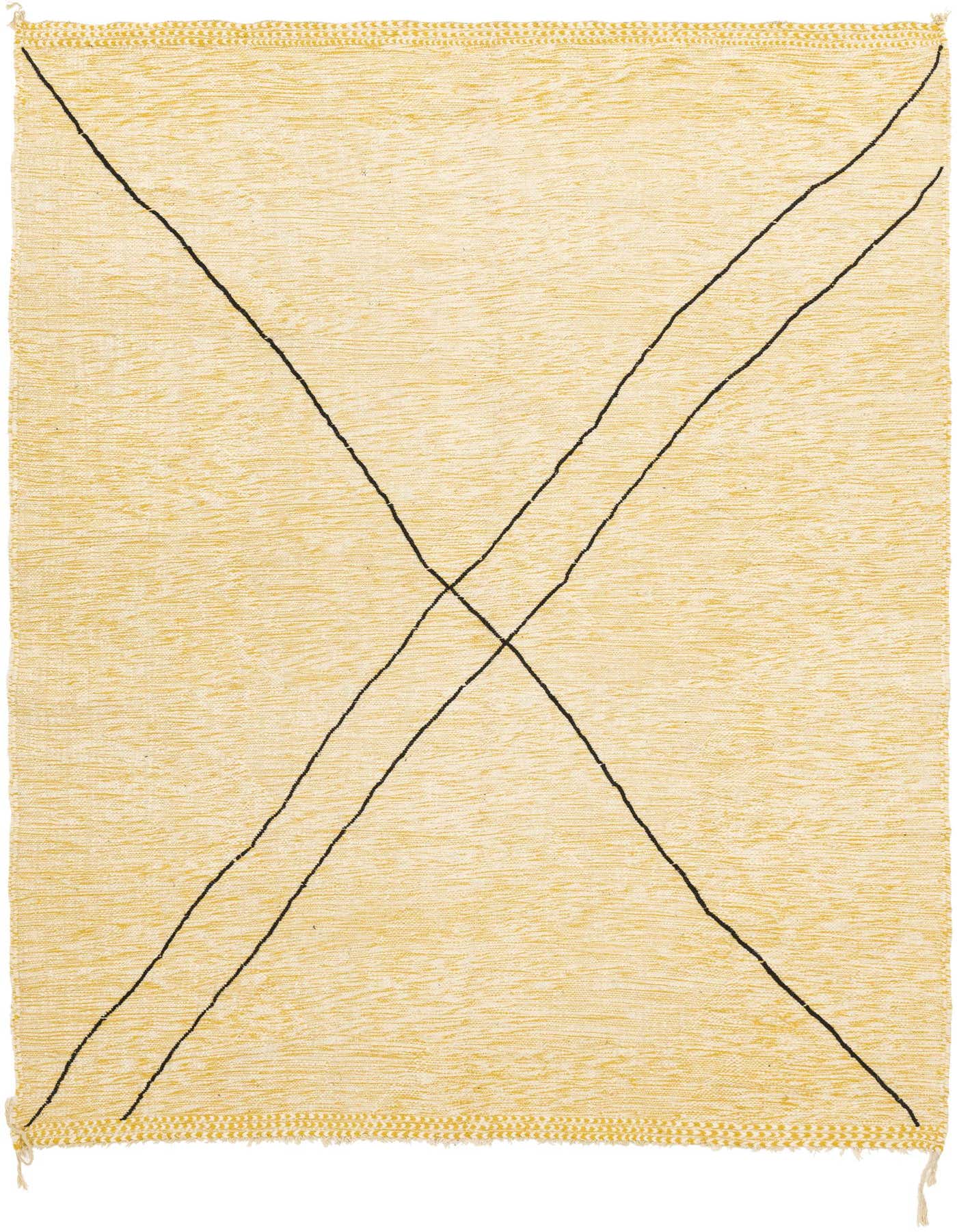 A 9x12 rectangular yellow shag rug with a bold black 'X' tribal pattern, suitable for a living room.