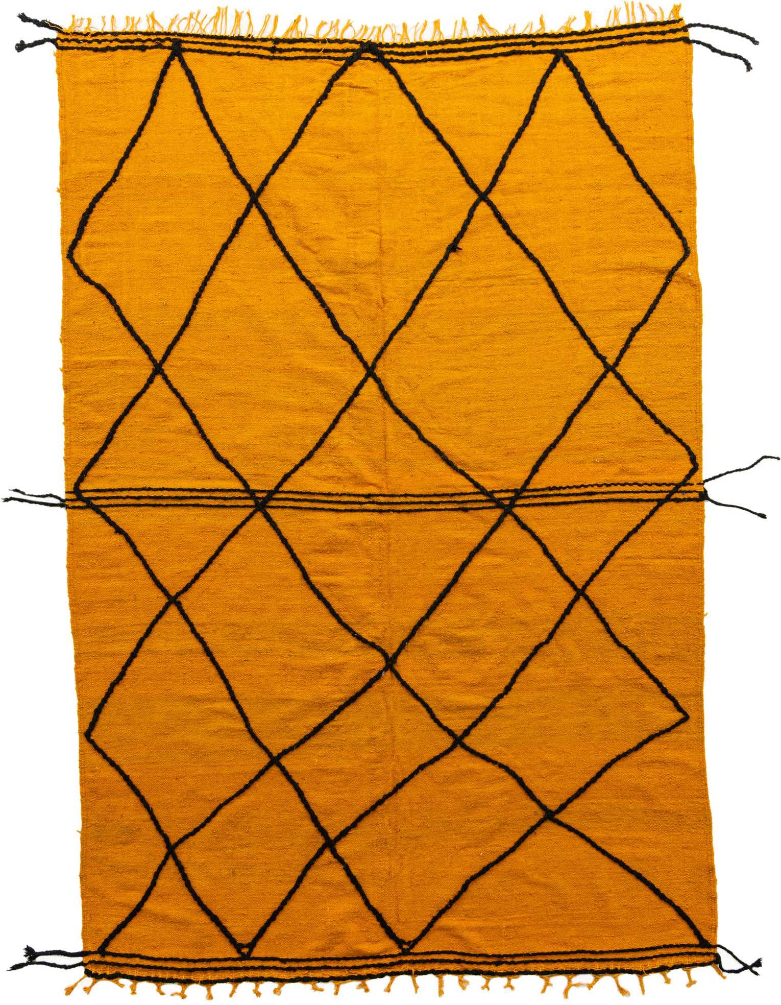 A 7x10 rectangular yellow Moroccan shag rug with a black tribal diamond pattern and fringed edges.