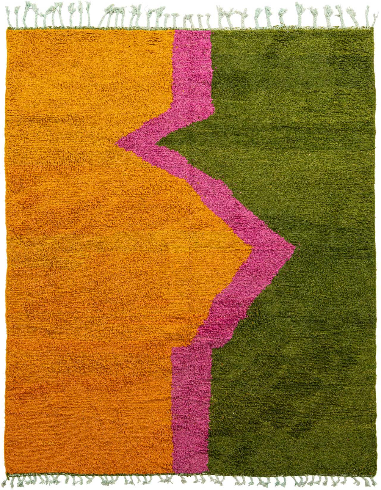 A 6x9 rectangular shag rug featuring a bold, modern tribal design in yellow, green, and pink, with light green tassels.