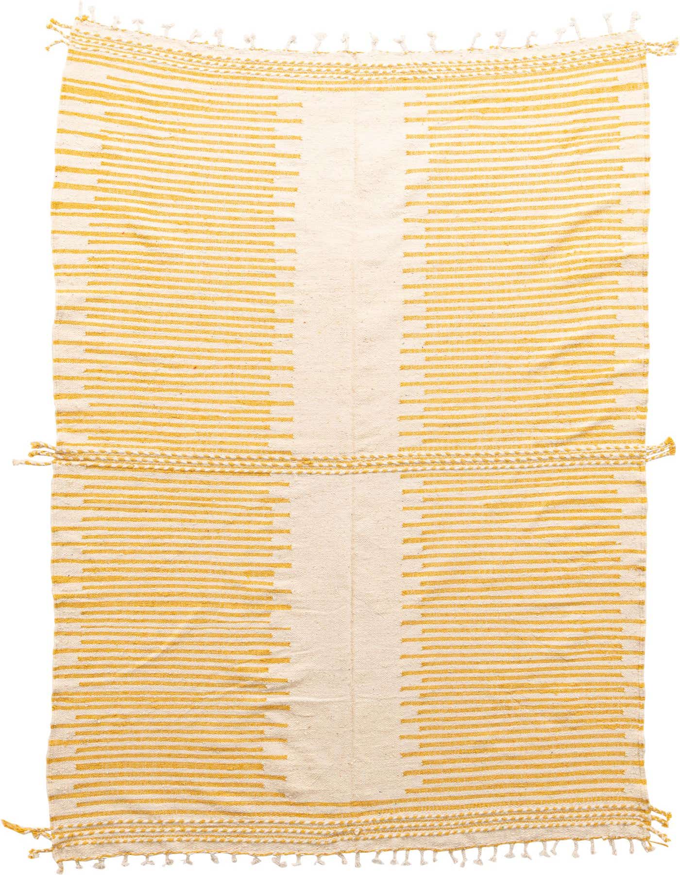 A rectangular 8x11 yellow and cream tribal wool shag rug with horizontal stripes and decorative tassels.