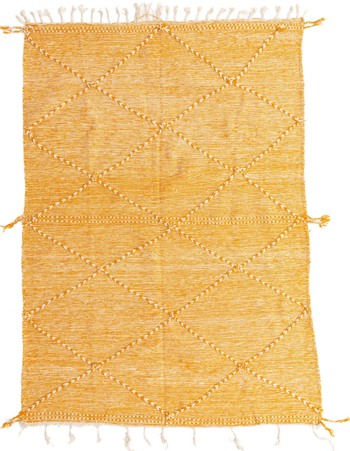 A 6x9 rectangular yellow wool shag rug with a modern tribal diamond pattern and white braided accents.