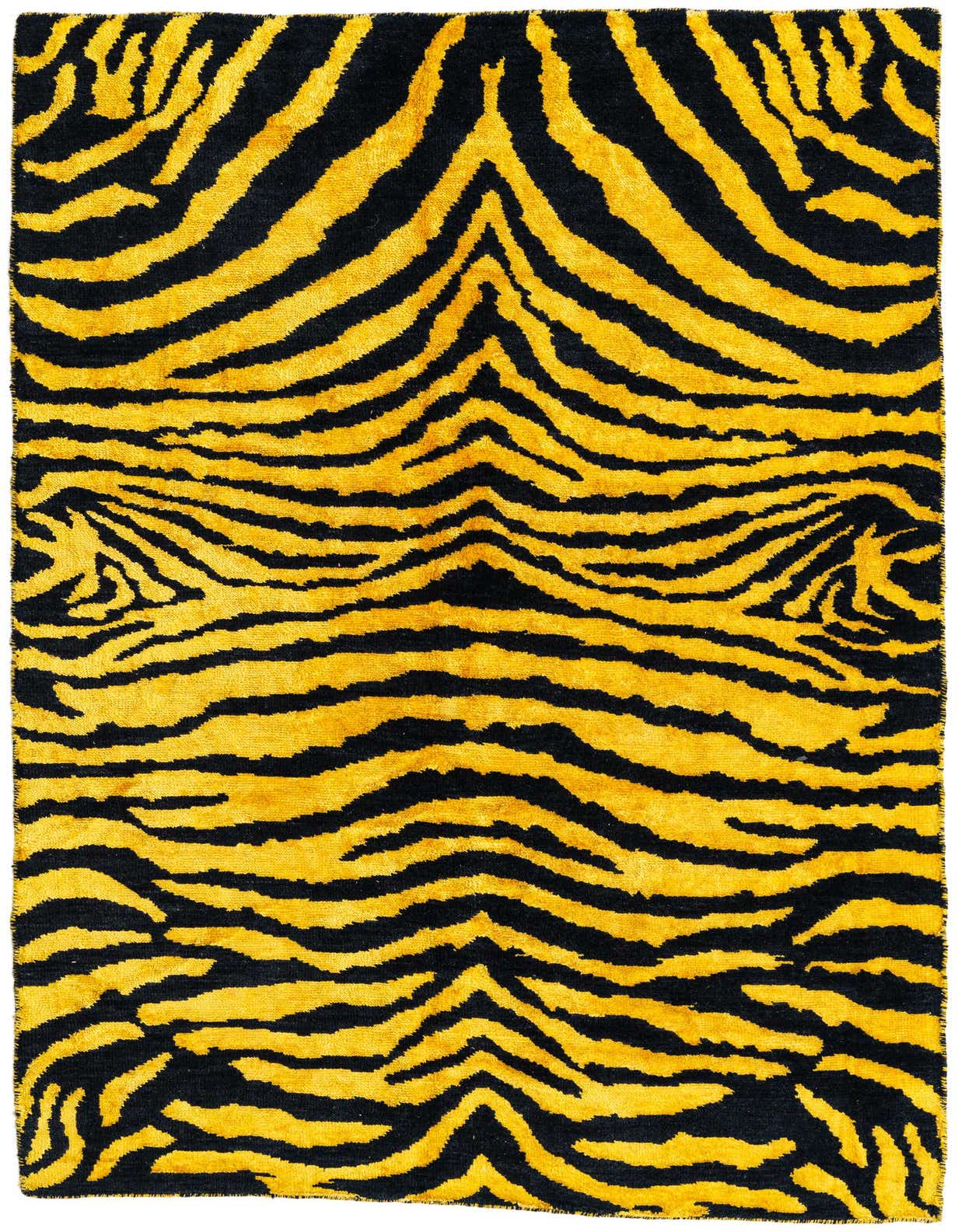 A 5x8 rectangular yellow and black tiger print shag rug with a bold, modern tribal pattern.