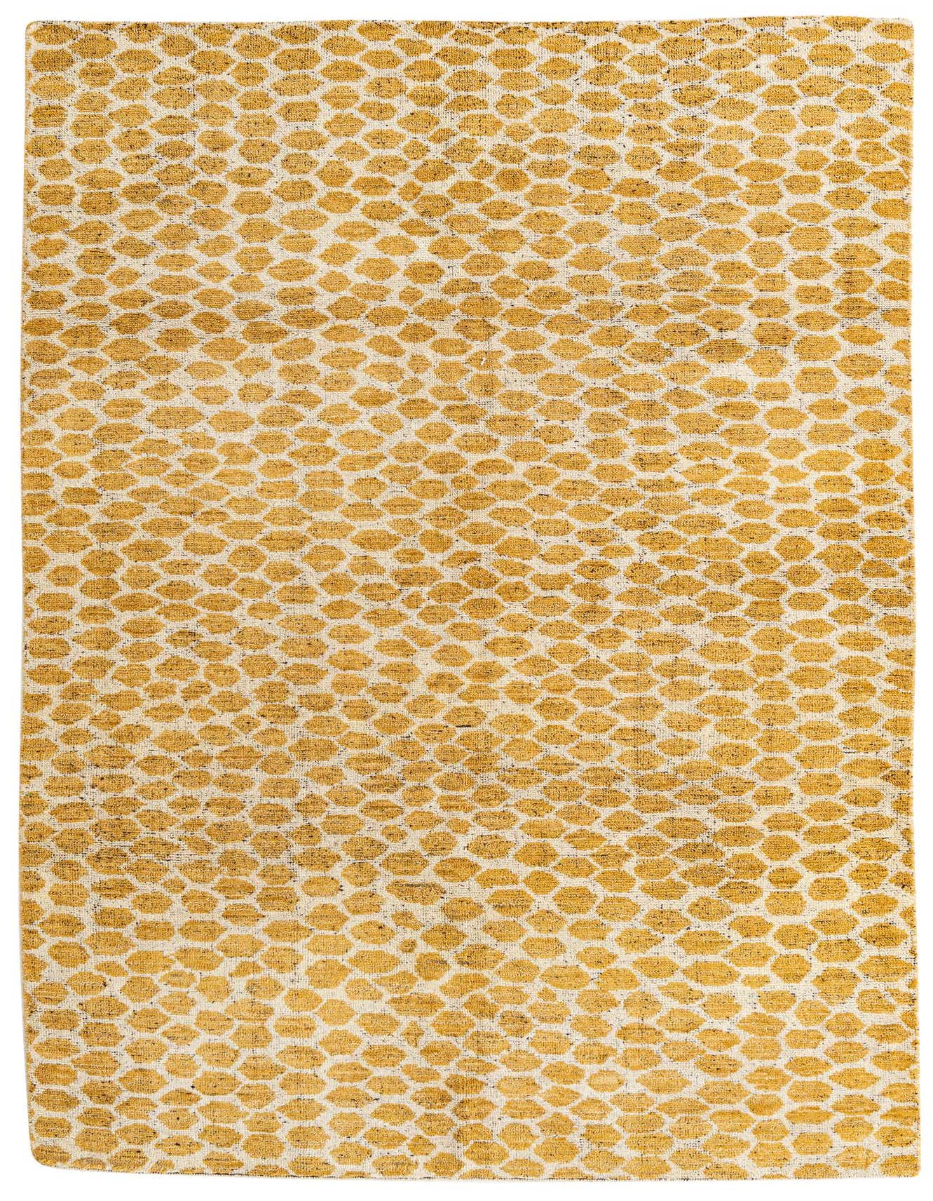 A 6x9 rectangular yellow and cream tribal shag rug with an abstract dotted pattern, perfect for a living room or bedroom.