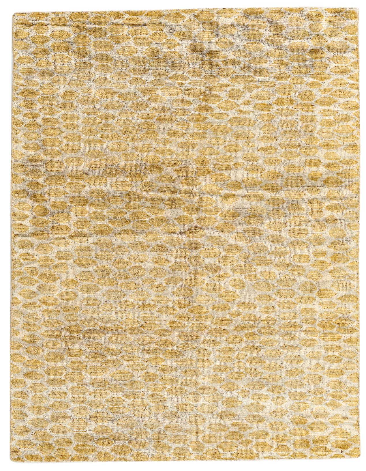 A 5x8 rectangular yellow and cream tribal shag rug with an abstract pattern, perfect for a living room.