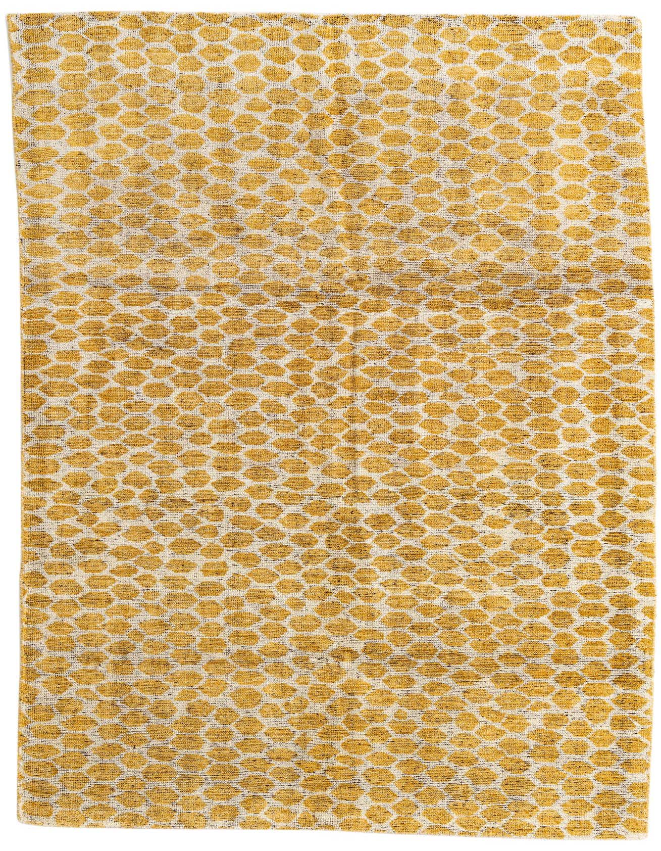 A 6x9 rectangular yellow and cream shag rug with an abstract tribal pattern, ideal for a living room or bedroom.