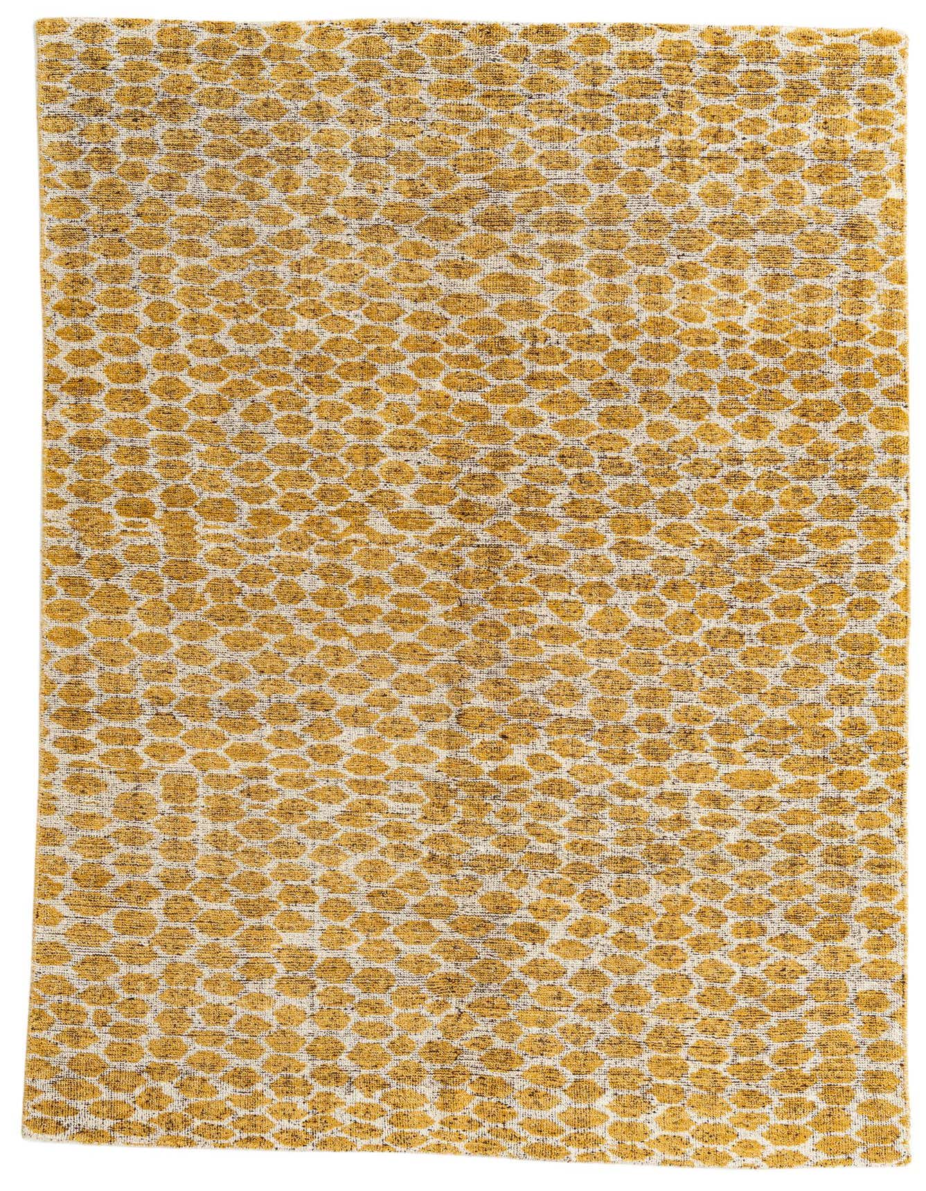A 6x9 rectangular yellow and cream shag rug with an abstract tribal pattern, suitable for a living room or bedroom.