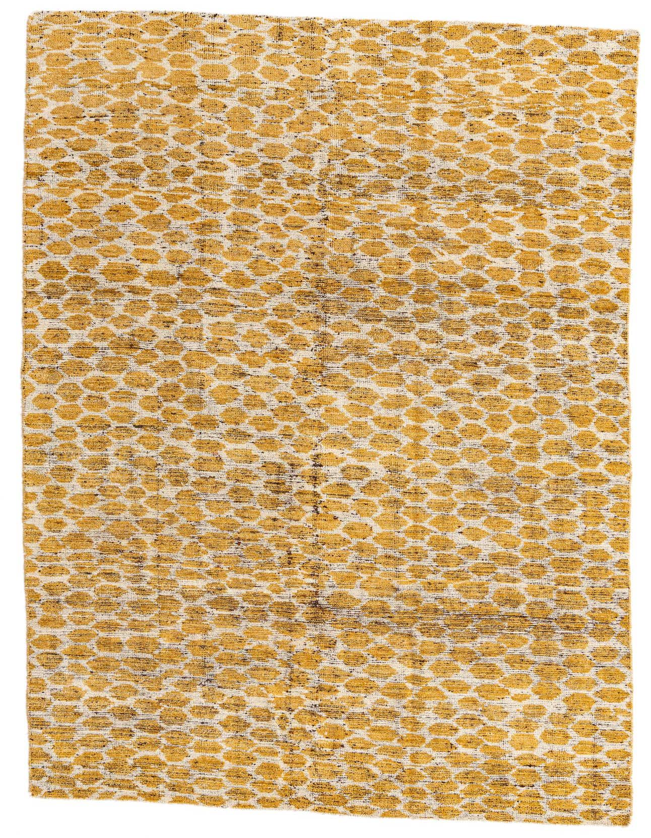 A 5x8 rectangular yellow and white shag rug with an abstract tribal pattern, suitable for a living room or bedroom.