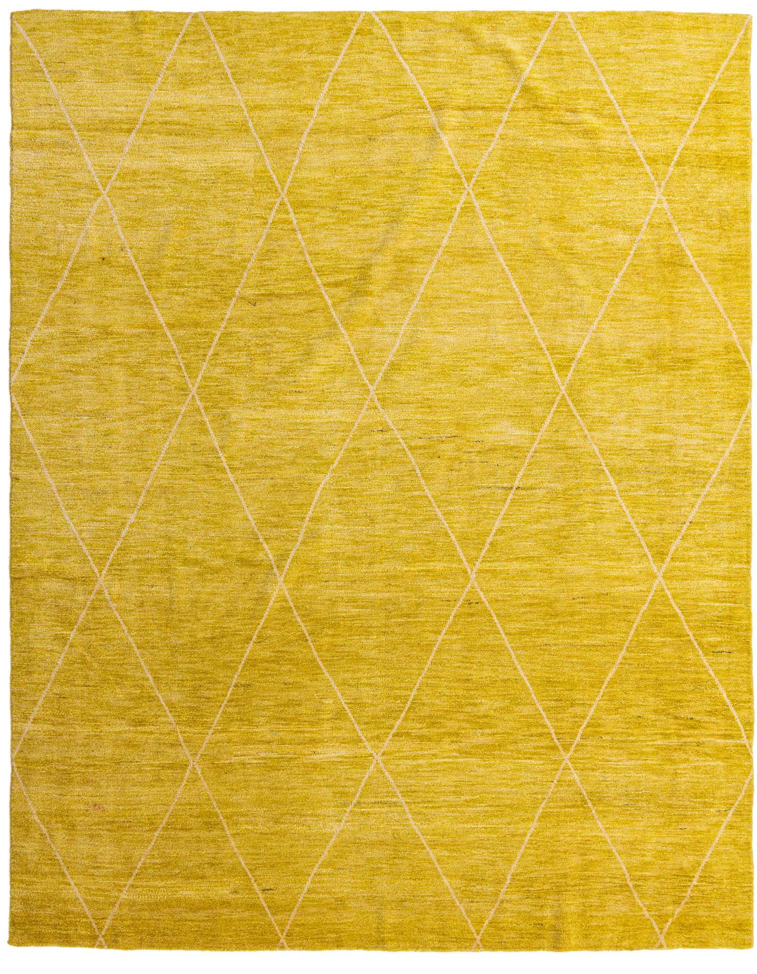 A 9x12 rectangular yellow shag rug with a subtle tribal diamond pattern, perfect for a modern living room.