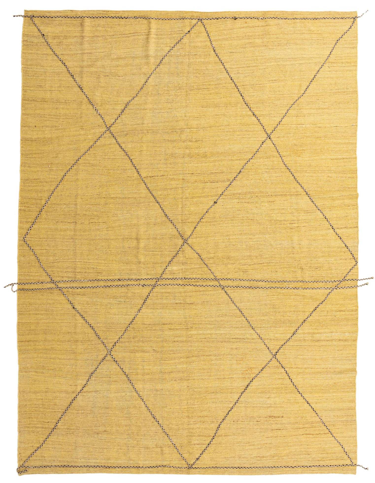 A 9x12 rectangular yellow wool shag rug with a modern tribal diamond and line pattern.