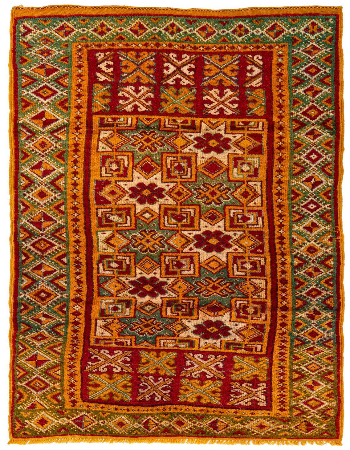 A 4x6 rectangular Moroccan tribal wool shag rug featuring a vibrant pattern of yellow, red, and green geometric shapes.