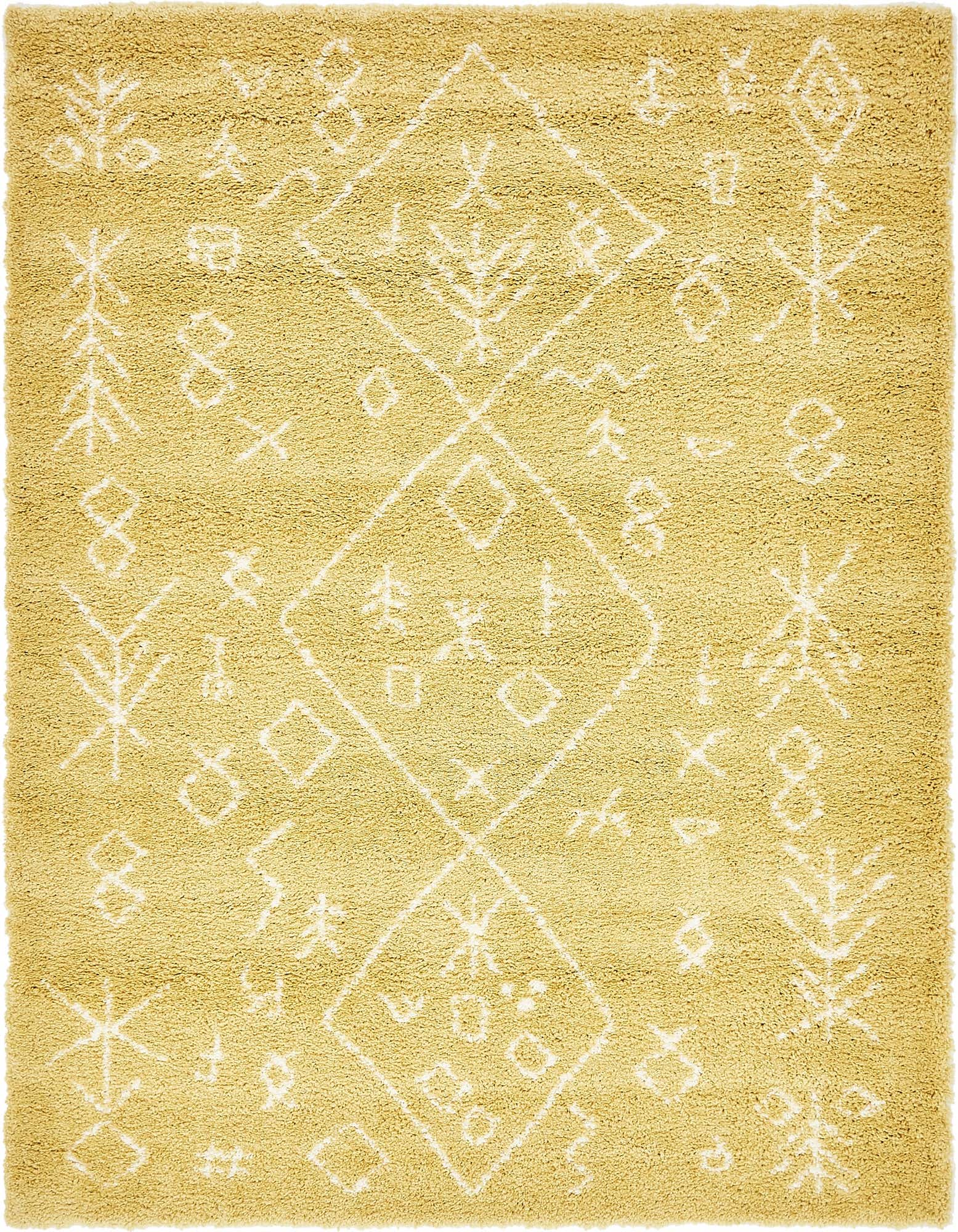 A 9x12 rectangular yellow shag rug with a white Scandinavian tribal pattern, ideal for a living room.