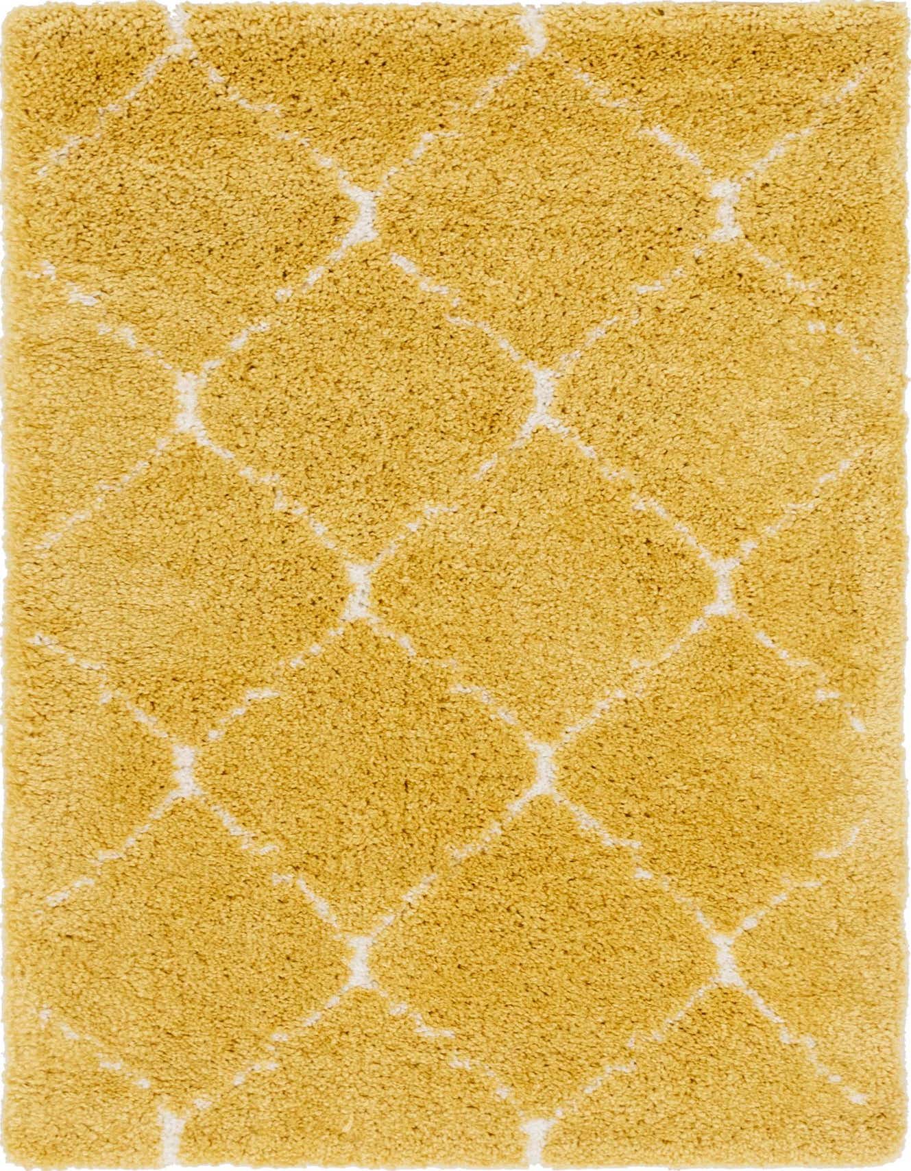 A 4x6 rectangular yellow shag rug with a subtle white trellis pattern, offering a cozy and modern feel.