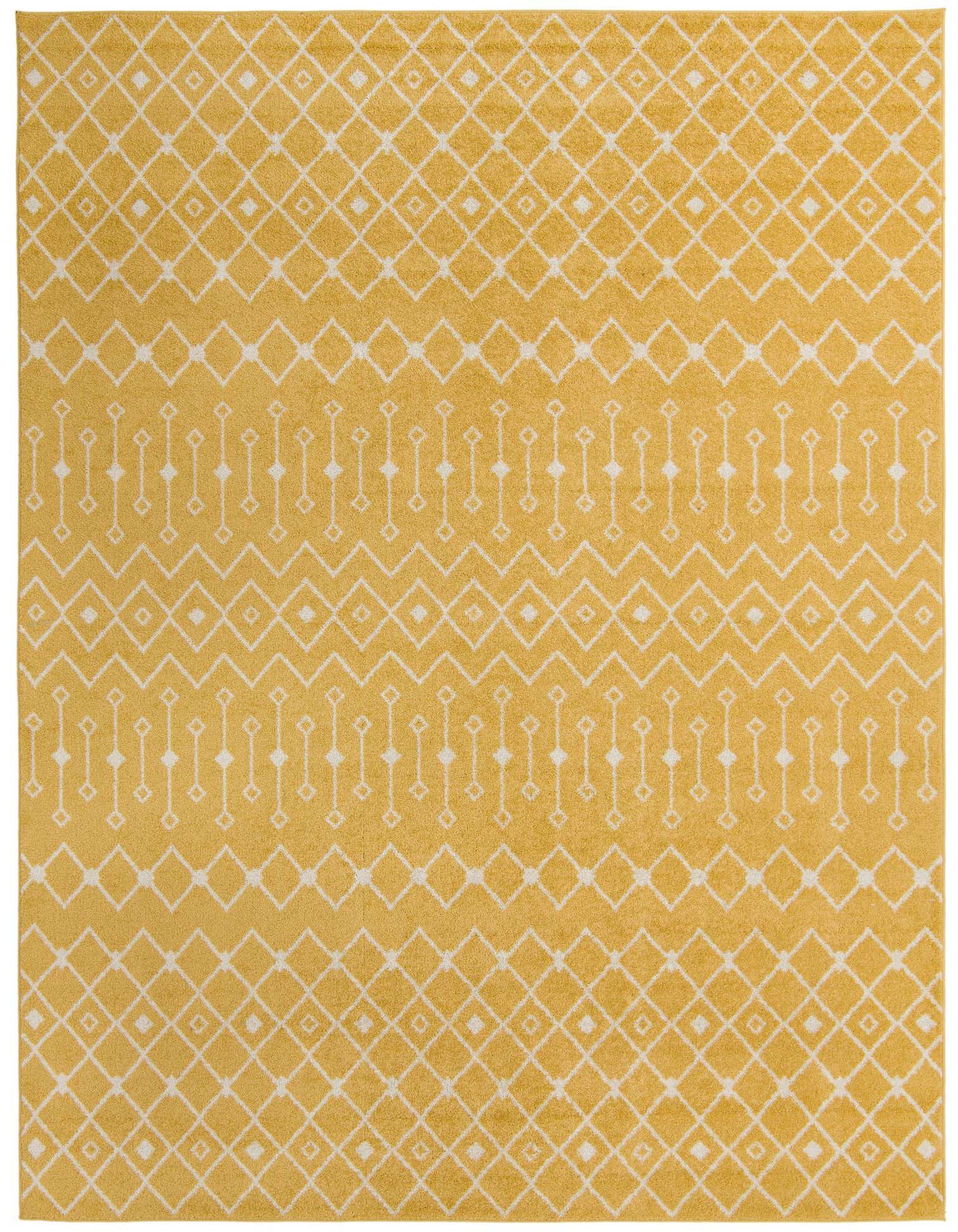 A 10x13 rectangular yellow polypropylene rug featuring a modern tribal trellis pattern with white geometric shapes.