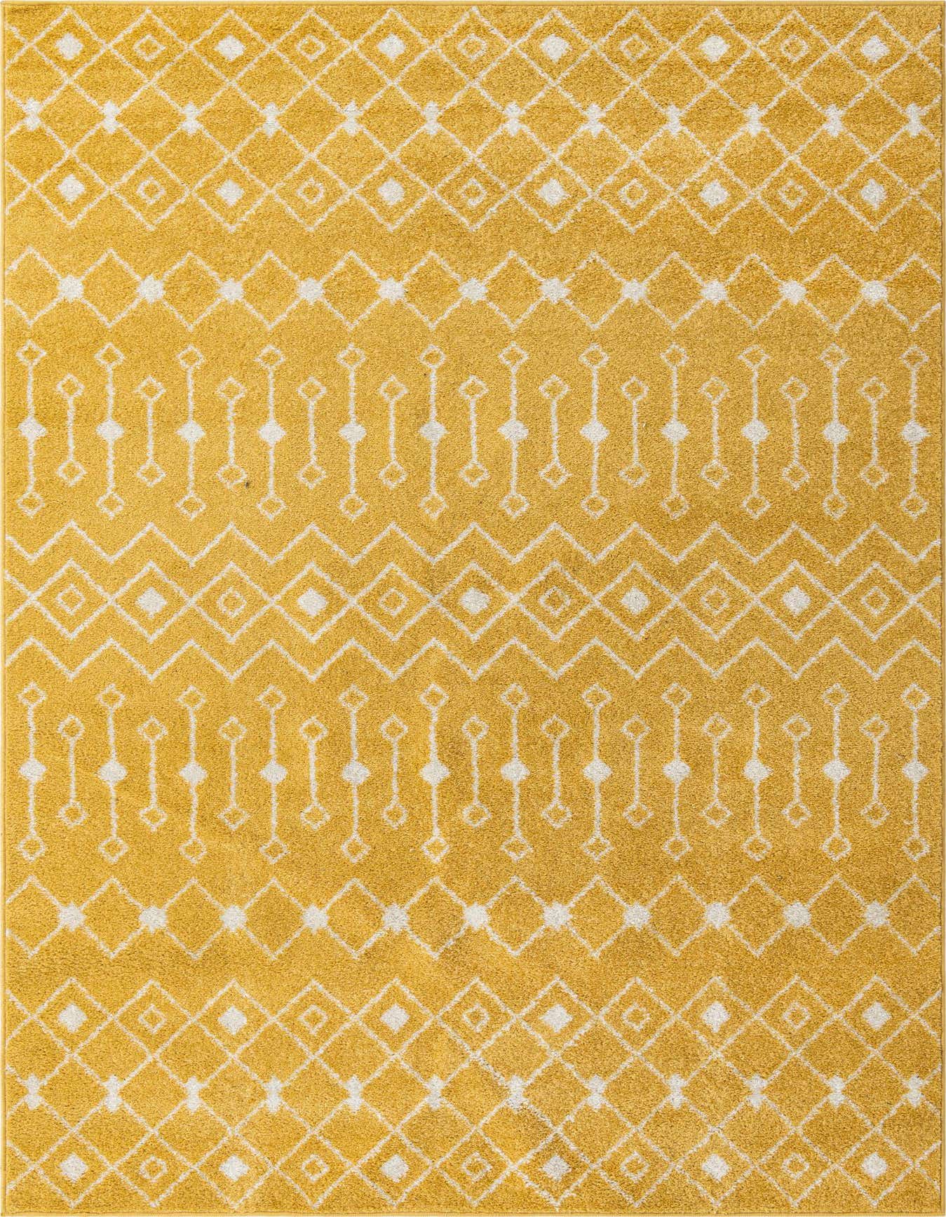 A 6x9 rectangular yellow area rug with a white bohemian trellis pattern, suitable for a living room.