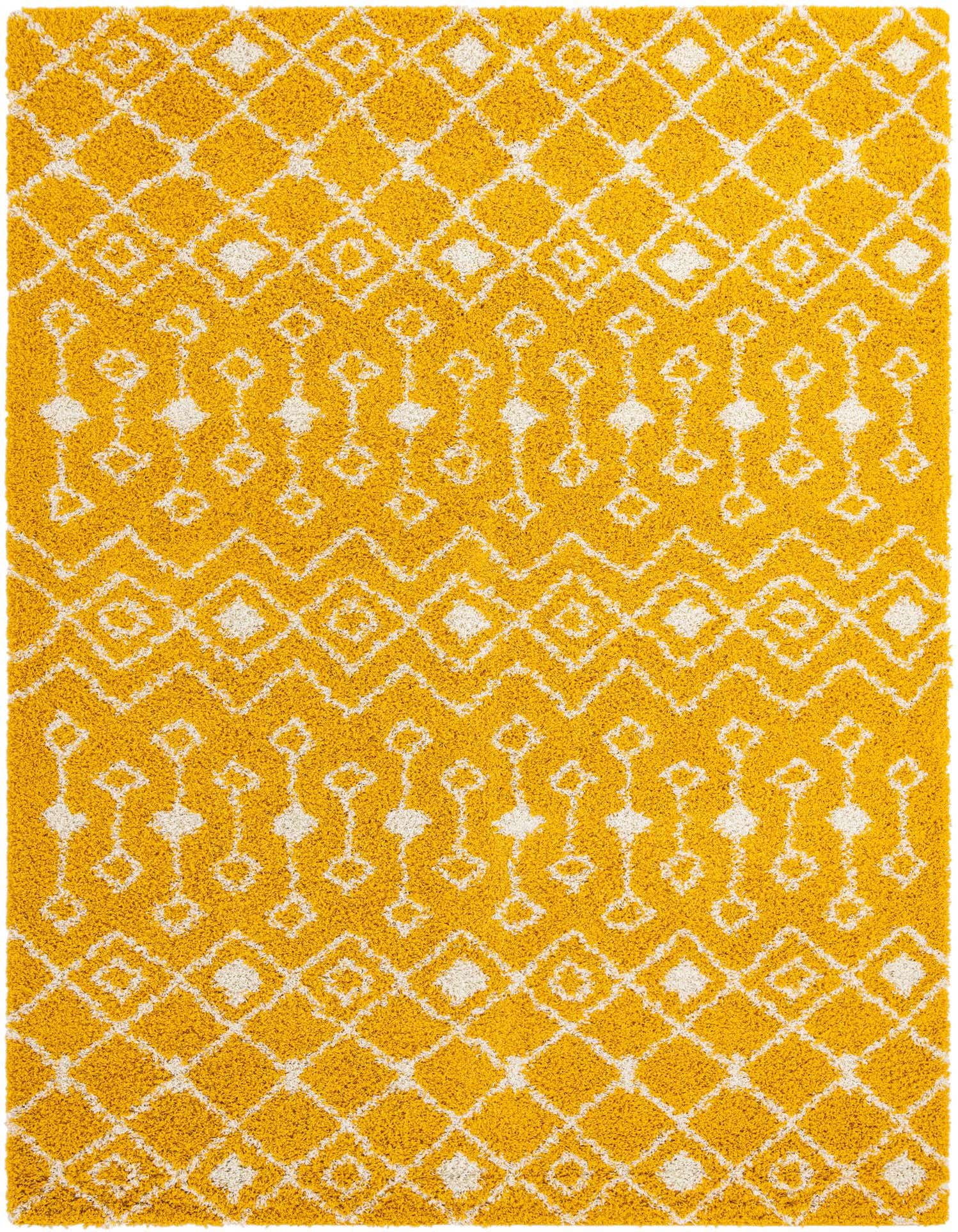 A 10x13 rectangular yellow shag rug with a white tribal geometric pattern, perfect for a living room.