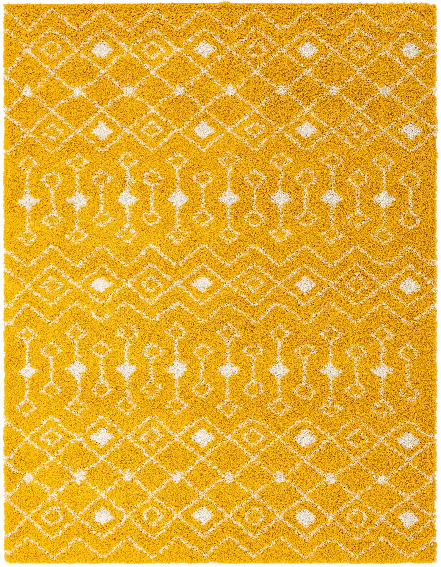 A 9x12 rectangular yellow shag rug with a modern tribal pattern in off-white, perfect for a living room.