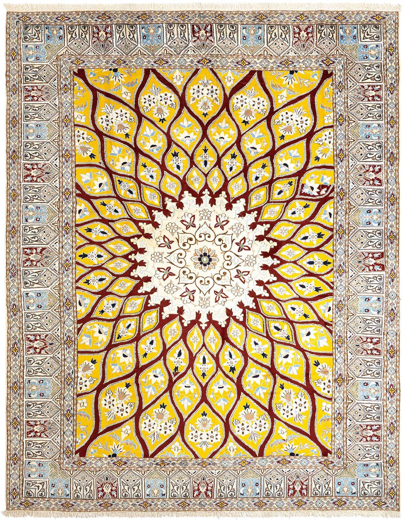 A large 13x18 rectangular yellow Persian rug with a central medallion and intricate floral patterns, ideal for a living room.