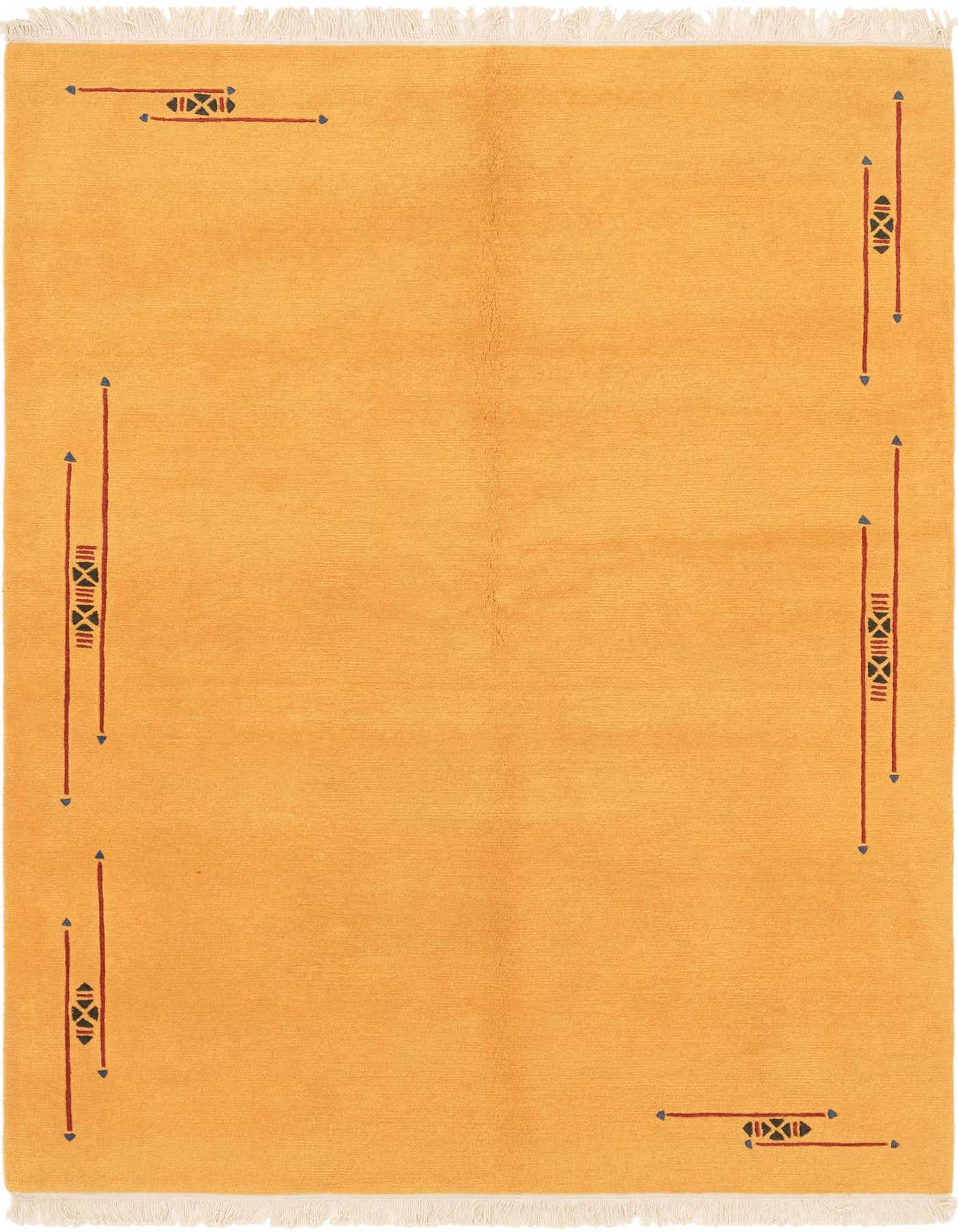 A 6x9 rectangular yellow wool rug with a high pile, featuring abstract tribal motifs in red and dark blue along the border.