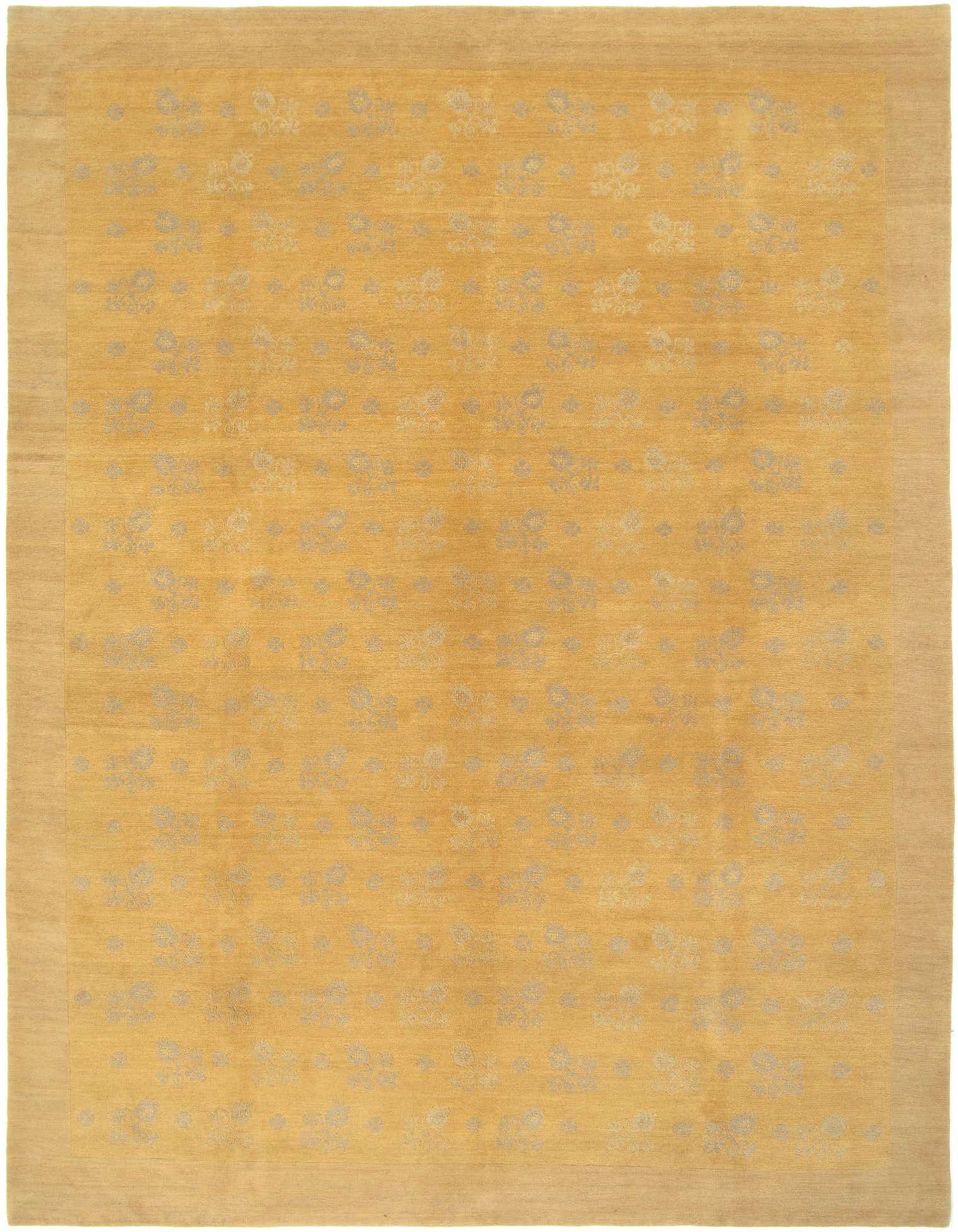 A 10x13 rectangular Odegard Persian wool rug in shades of yellow and gold with a subtle floral pattern and a solid border.
