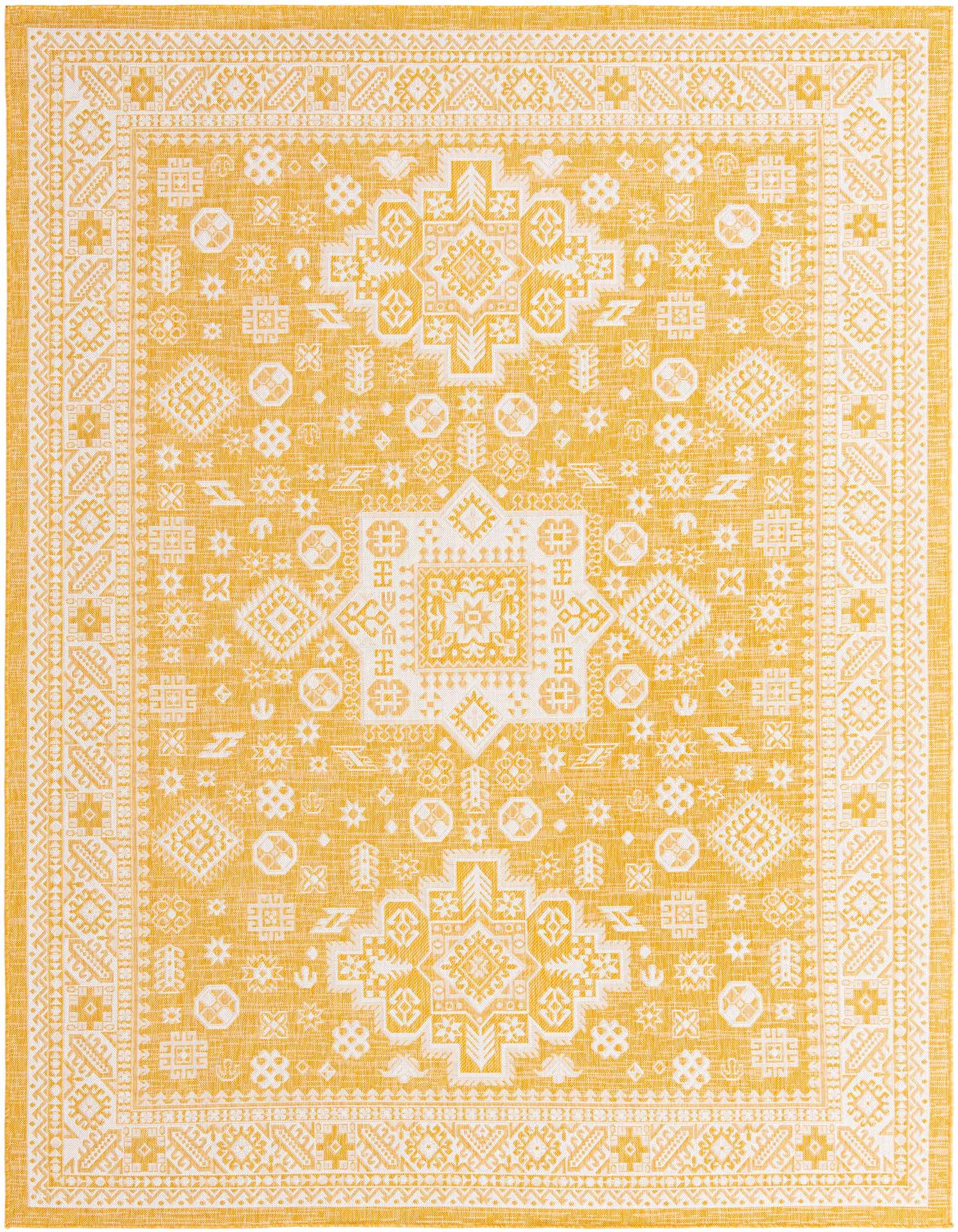 A 9x12 rectangular yellow and white flatweave rug with a Southwestern tribal pattern, suitable for indoor or outdoor use.