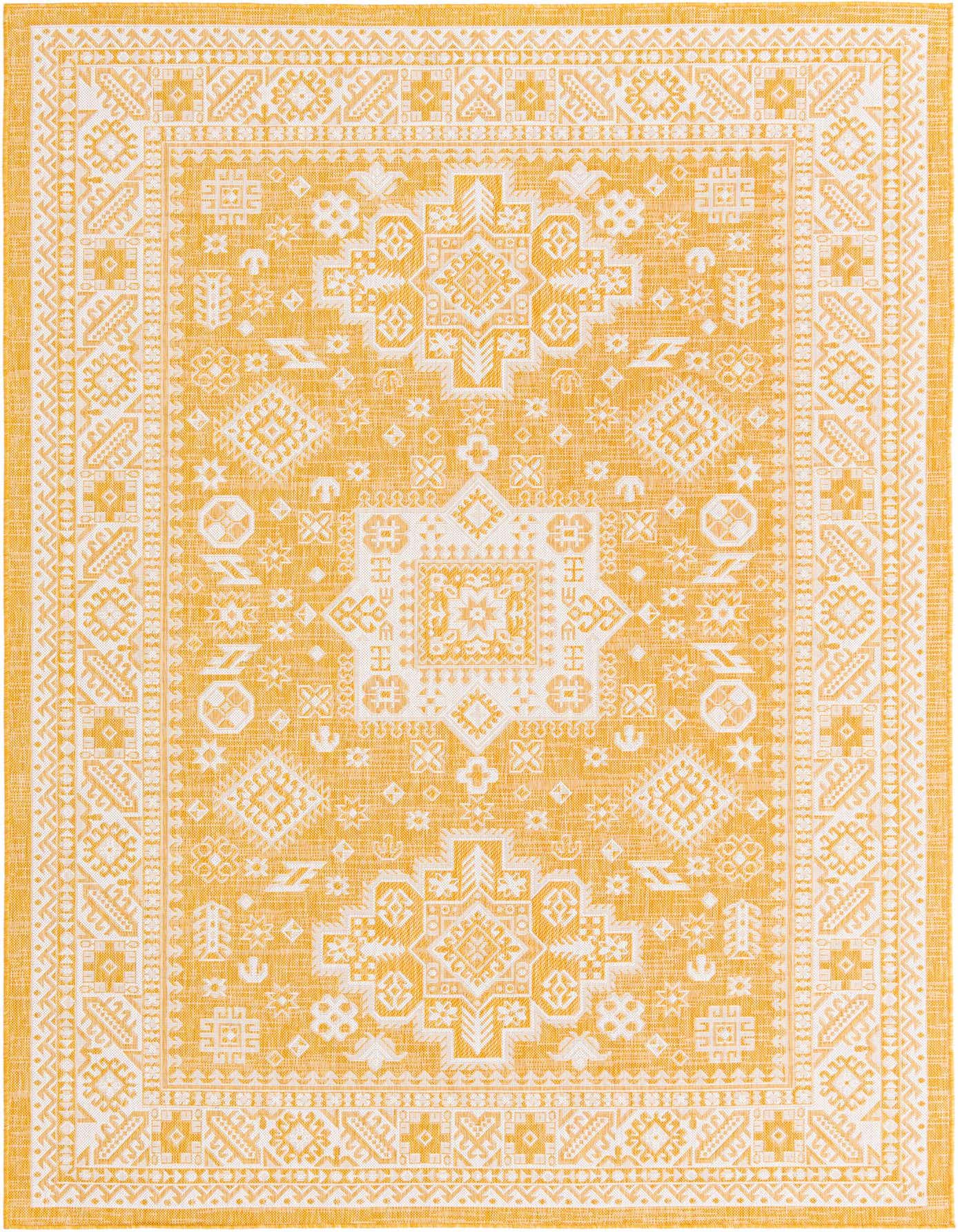 A 7x10 rectangular yellow and white Southwestern rug with a detailed tribal pattern and border, suitable for indoor or outdoor use.