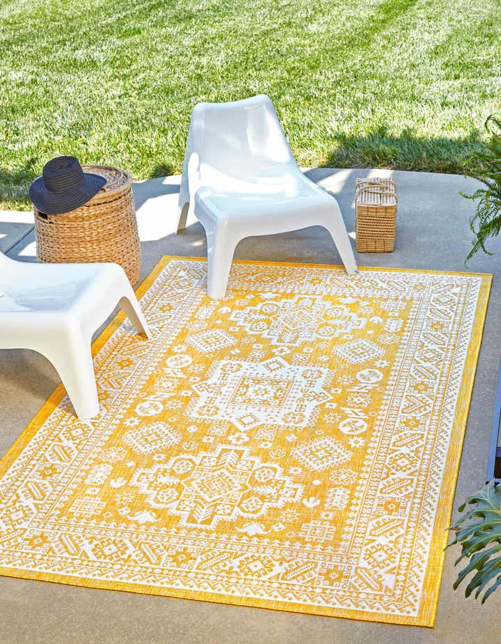 Yellow 7' 10 x 11' Aztec Indoor / Outdoor Rug | Rugs.com