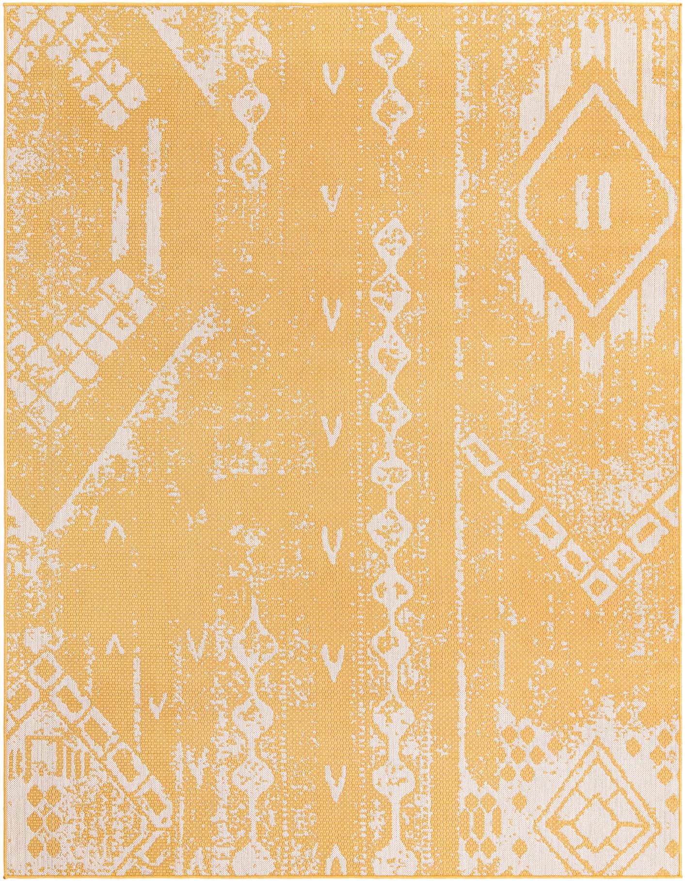 A 7x10 rectangular yellow and white modern abstract rug with distressed geometric patterns, suitable for indoor or outdoor use.