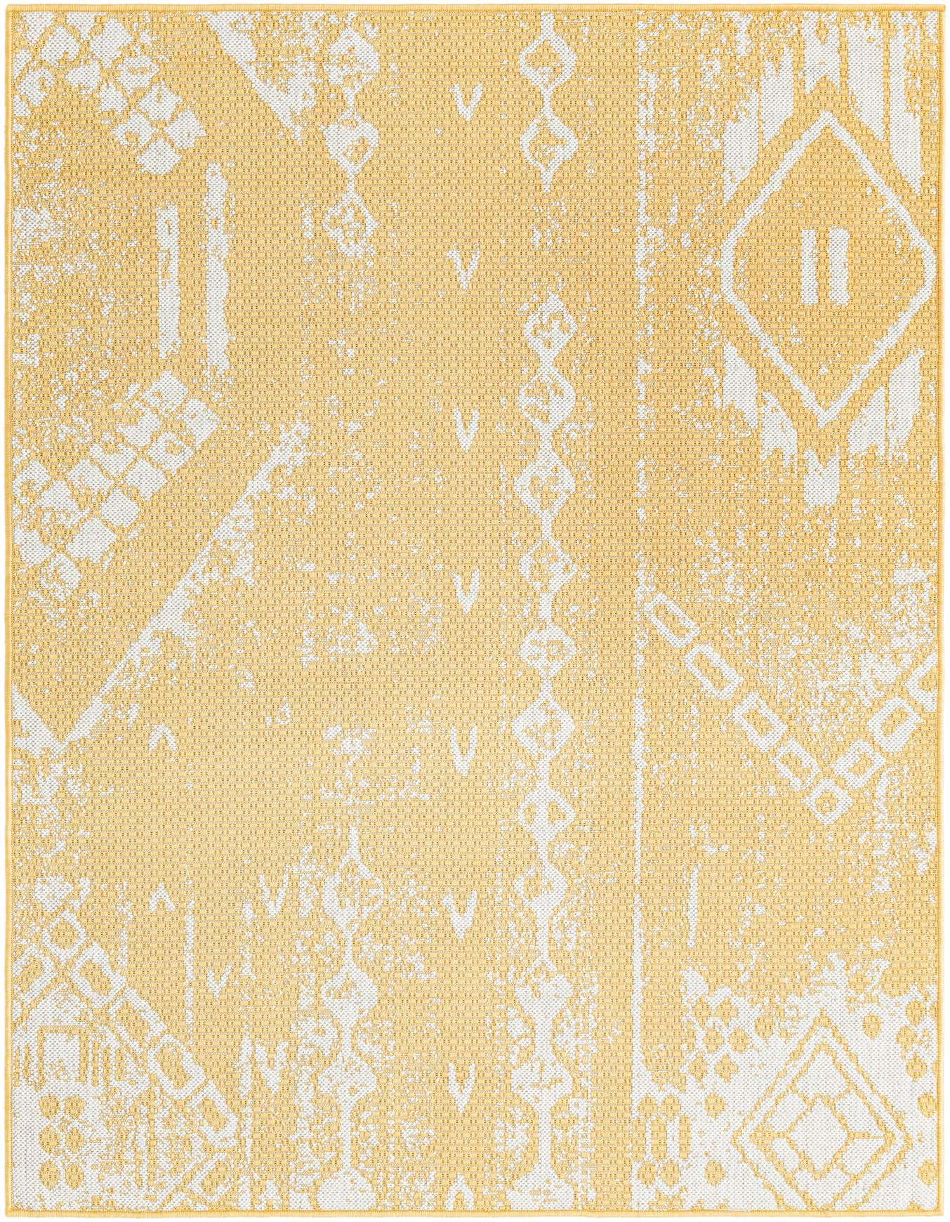 A 4x6 rectangular yellow and white modern abstract rug with geometric patterns, suitable for indoor or outdoor use.