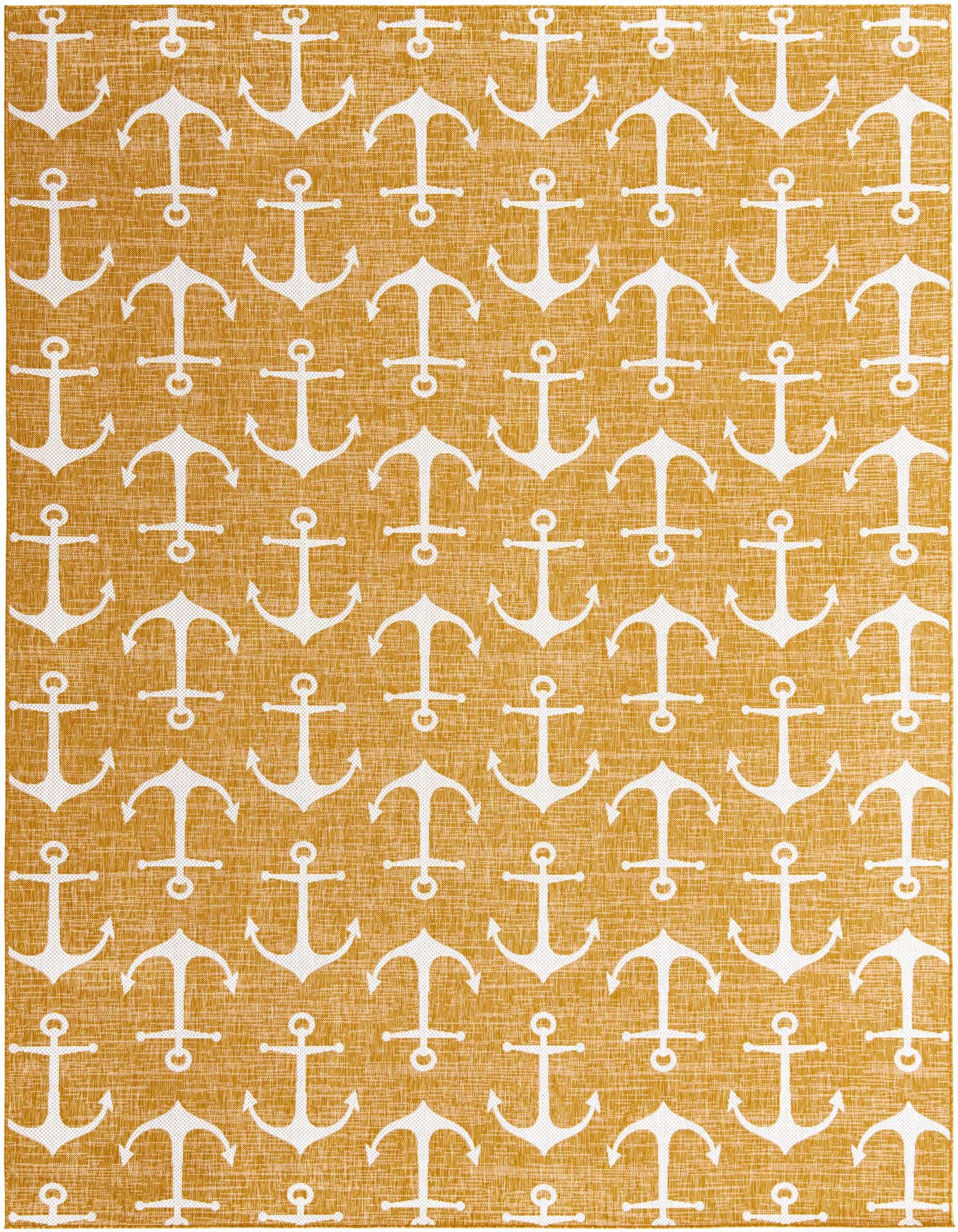 A 10x14 rectangular indoor/outdoor rug with a repeating white anchor pattern on a textured yellow-gold background.