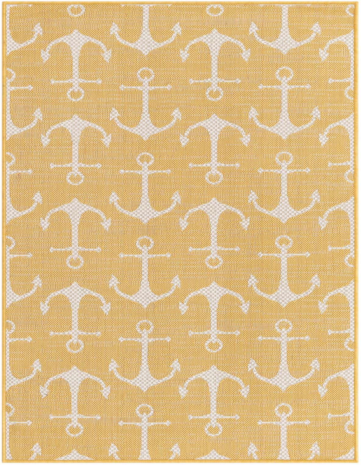 A 3x5 rectangular yellow and white indoor/outdoor rug featuring a repeating nautical anchor pattern, ideal for a patio or entryway.
