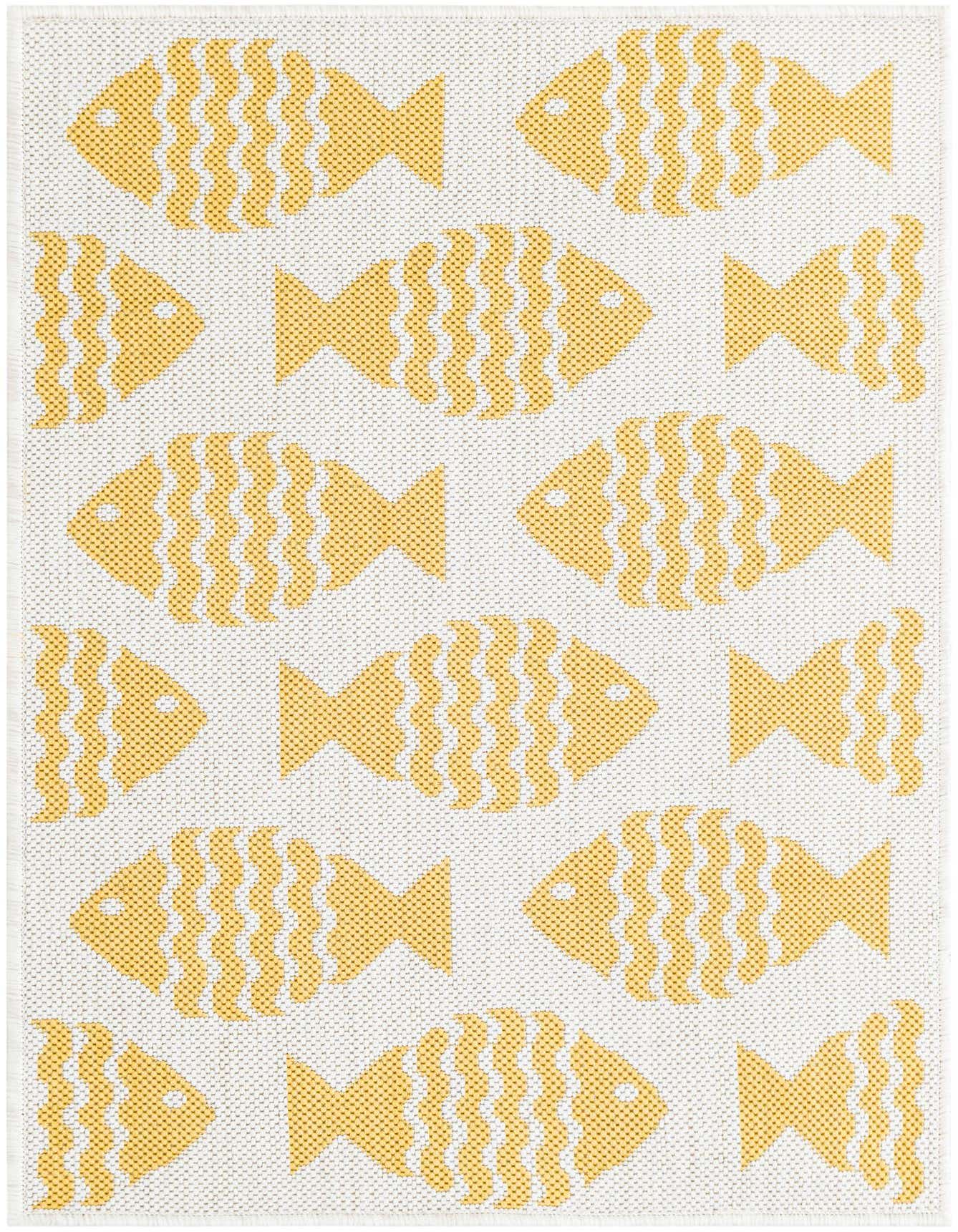 A rectangular 2x3 yellow and white flatweave rug featuring a playful pattern of yellow fish with white wavy stripes, ideal for a patio or entryway.