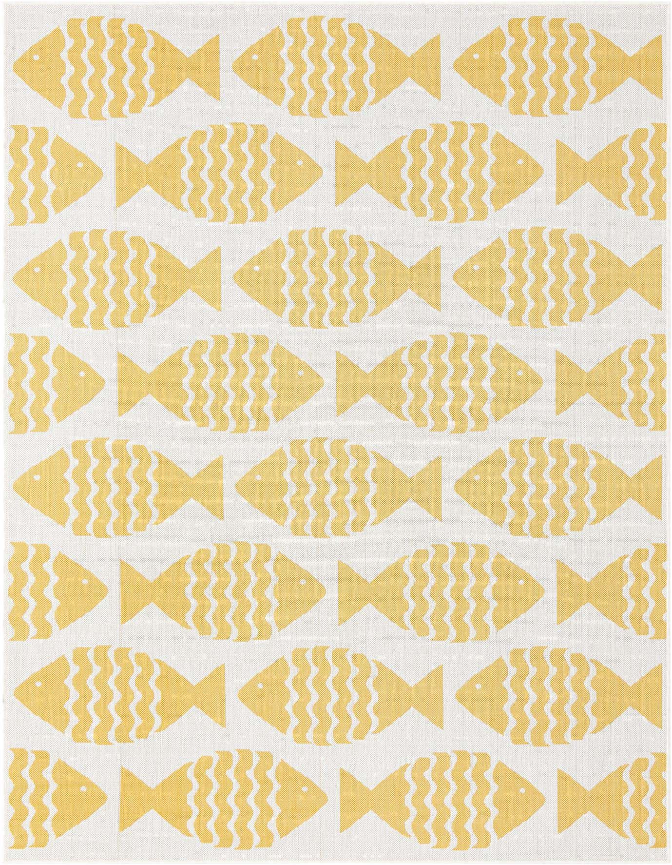 A 6x9 rectangular indoor/outdoor rug featuring a playful pattern of yellow fish with white wavy stripes on a light cream background.