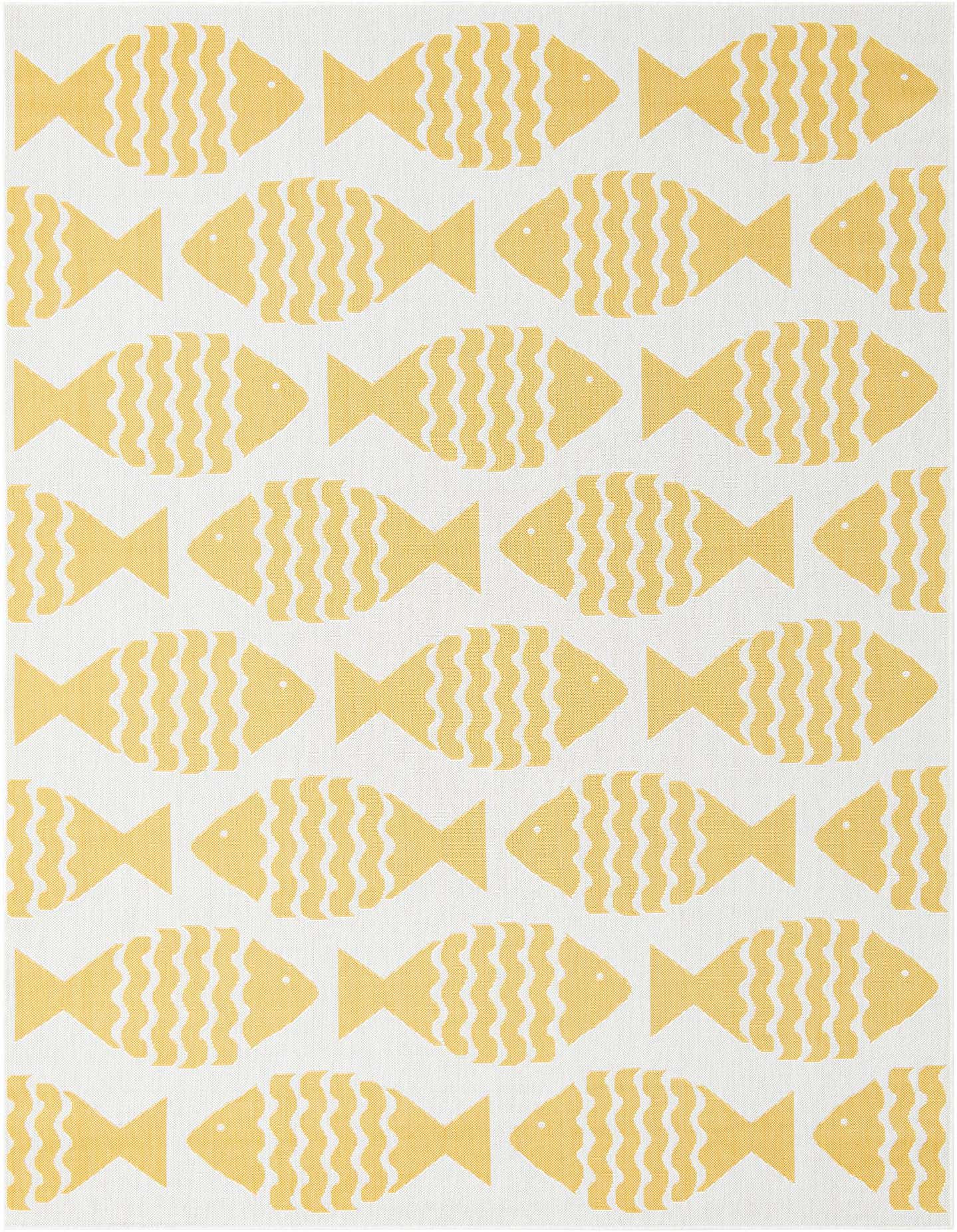 A 7x10 rectangular indoor/outdoor rug featuring a playful pattern of yellow fish with wavy stripes on a white background, ideal for a patio or living room.