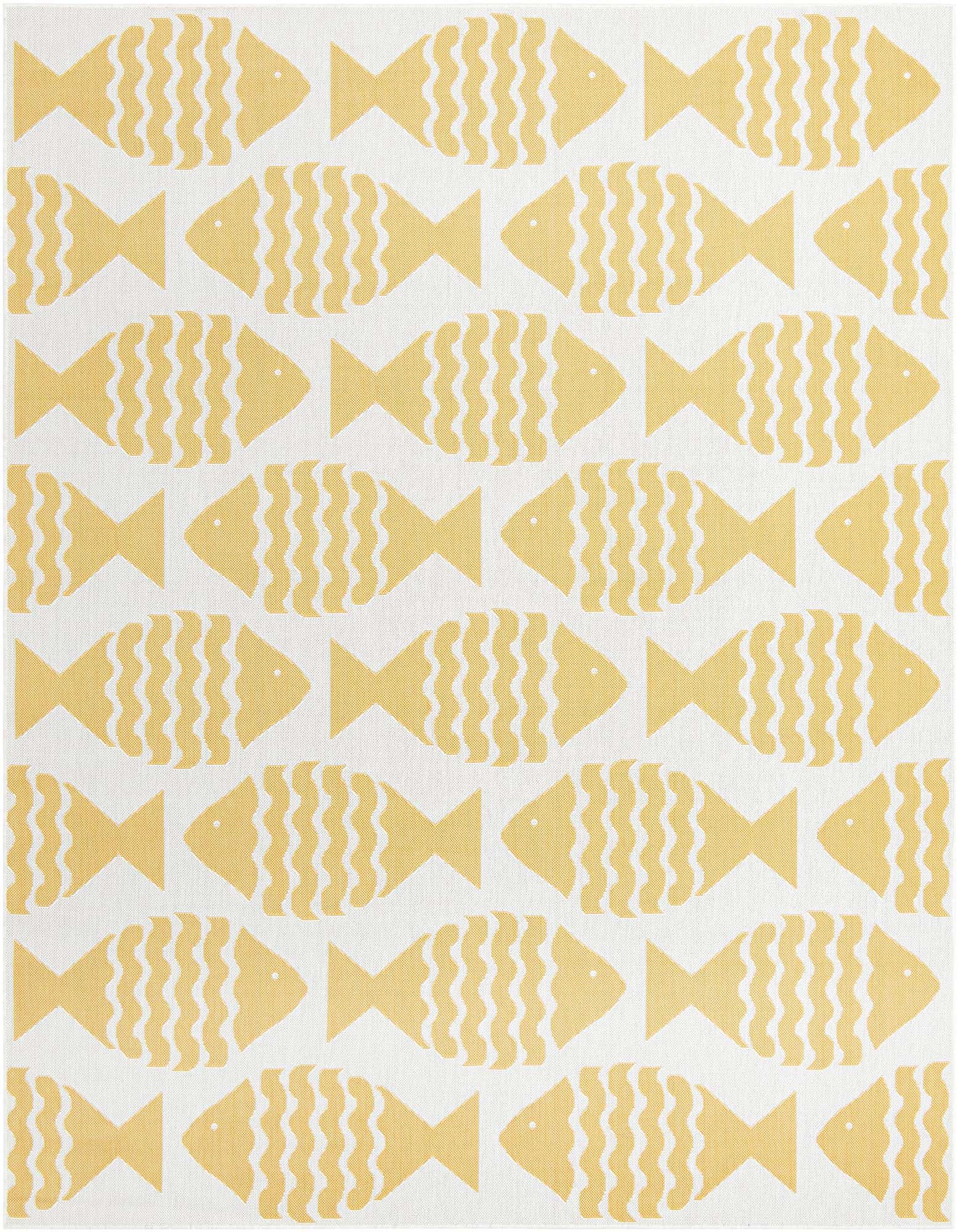 An 8x10 rectangular yellow and white coastal rug featuring a repeating pattern of stylized yellow fish.
