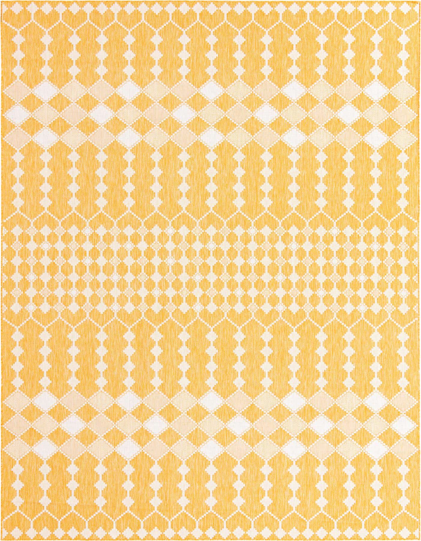 A 10x14 rectangular yellow and white outdoor rug with a modern trellis and tribal pattern, suitable for a patio.