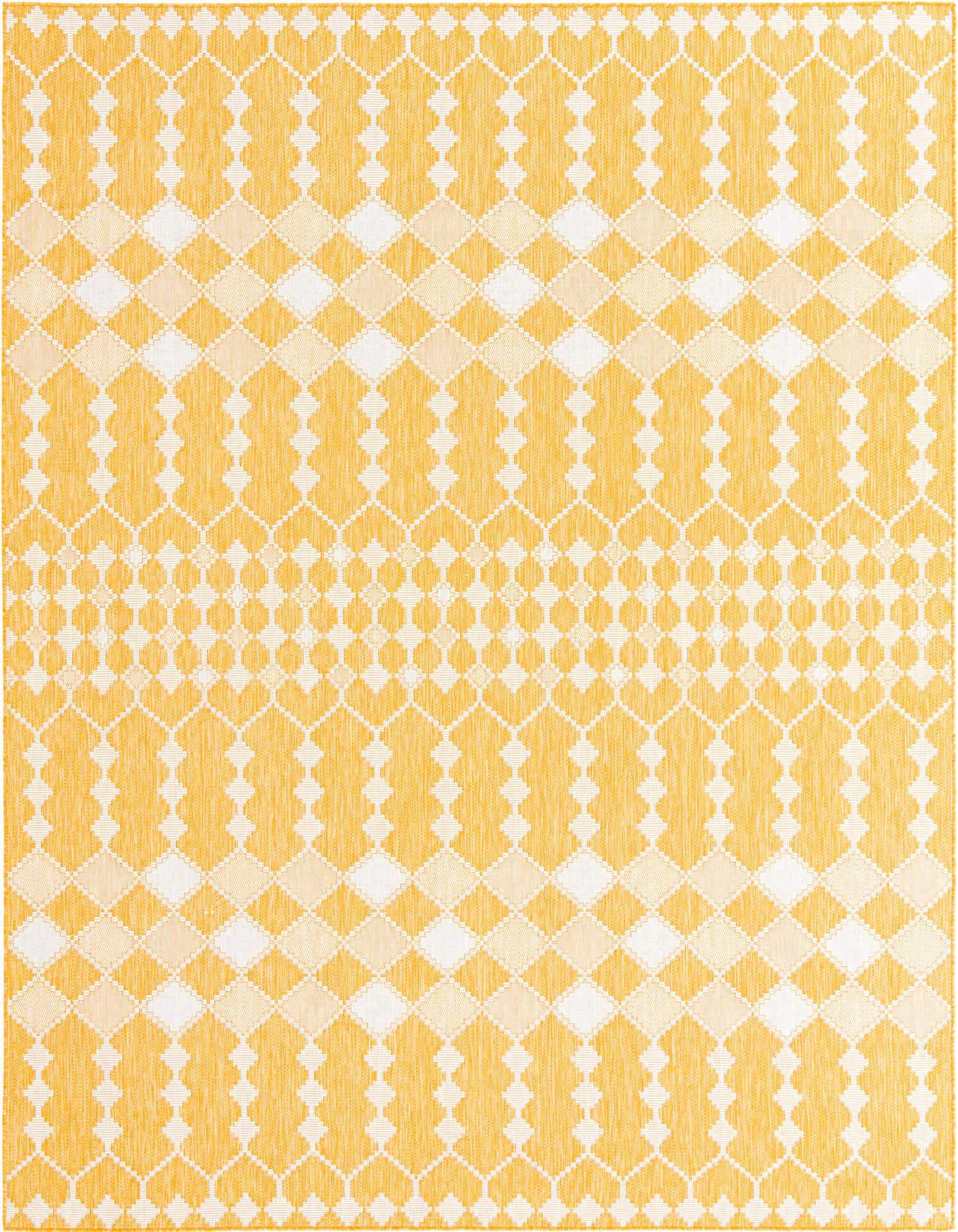 A 9x12 rectangular indoor/outdoor rug featuring a modern trellis pattern in varying shades of yellow and gold.