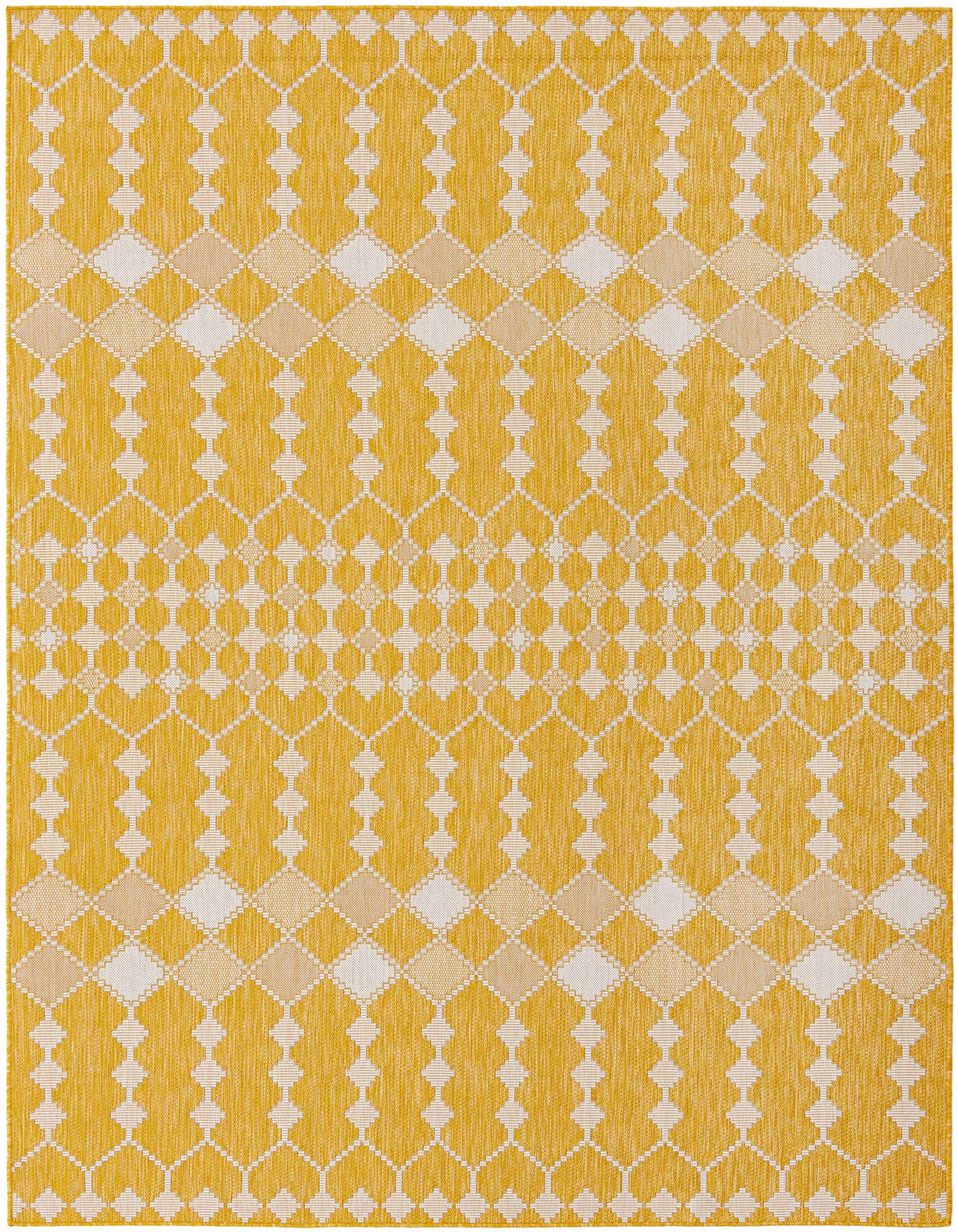 A vibrant 8x11 rectangular indoor/outdoor rug featuring a yellow background with a white and gold trellis pattern.