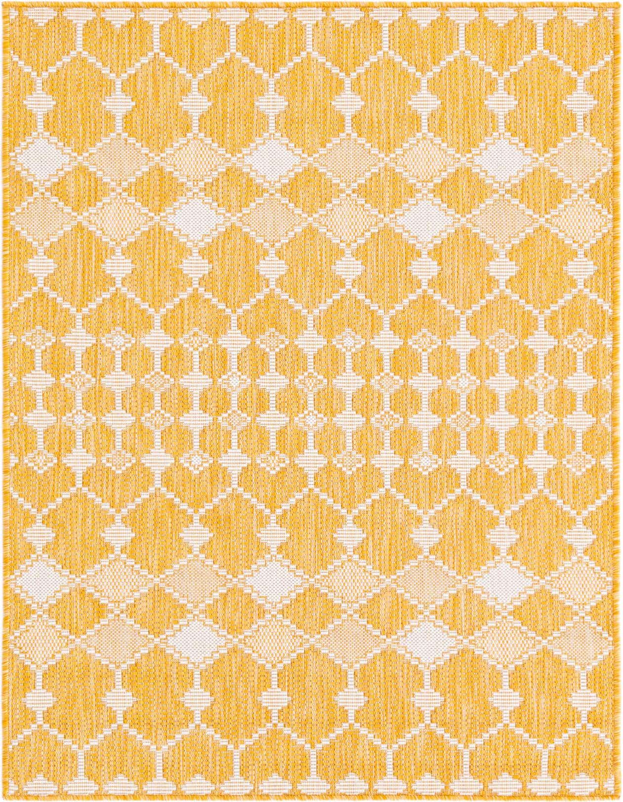 A 3x5 rectangular yellow and white flatweave rug with a modern trellis pattern, suitable for indoor or outdoor use.